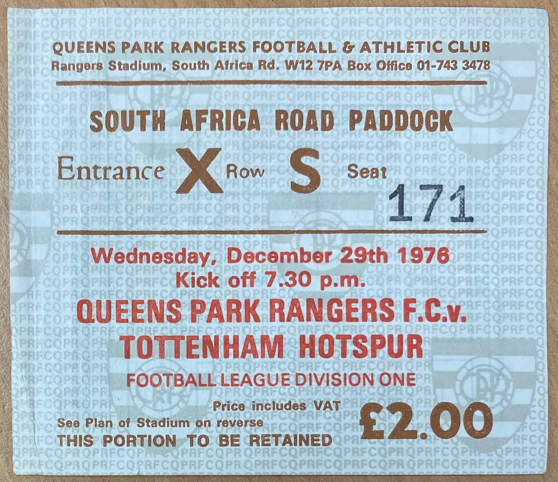 1976/77 ORIGINAL DIVISION ONE TICKET QUEENS PARK RANGERS V TOTTENHAM HOTSPUR