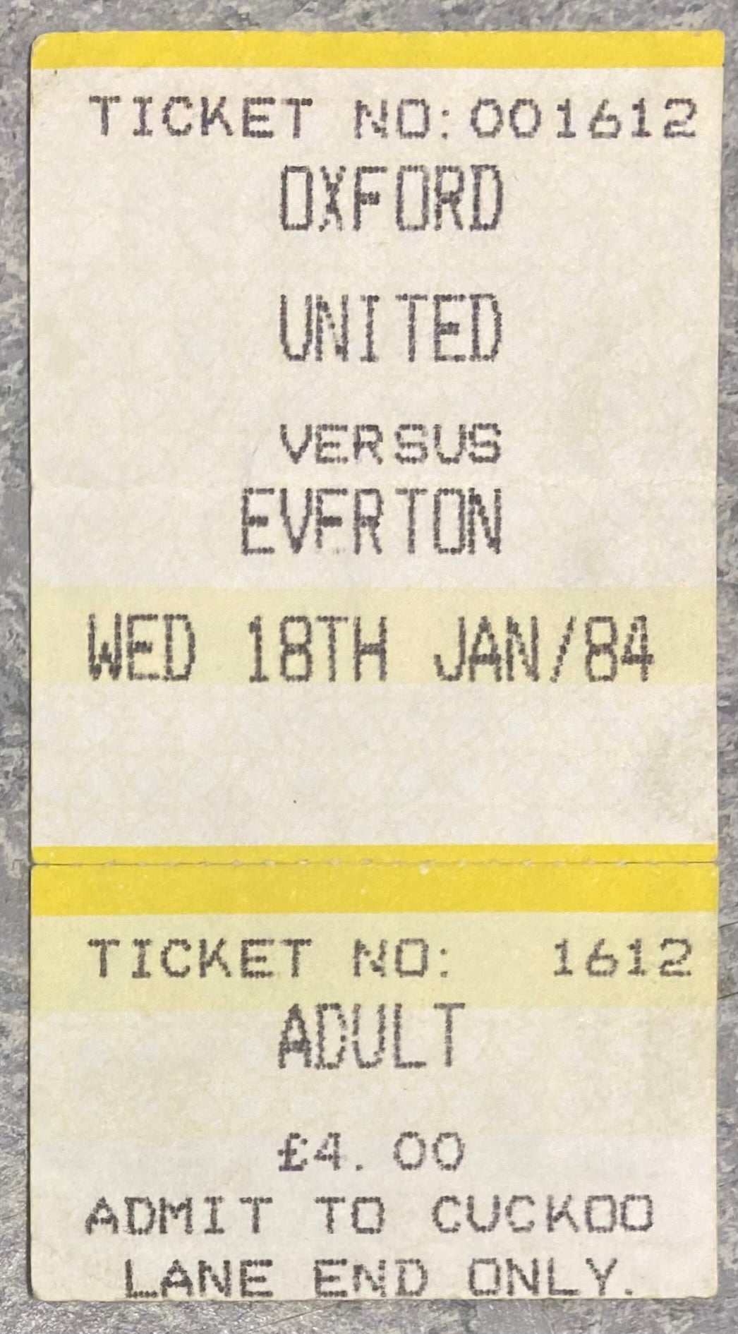 1983/84 ORIGINAL MILK CUP 5TH ROUND TICKET OXFORD UNITED V EVERTON