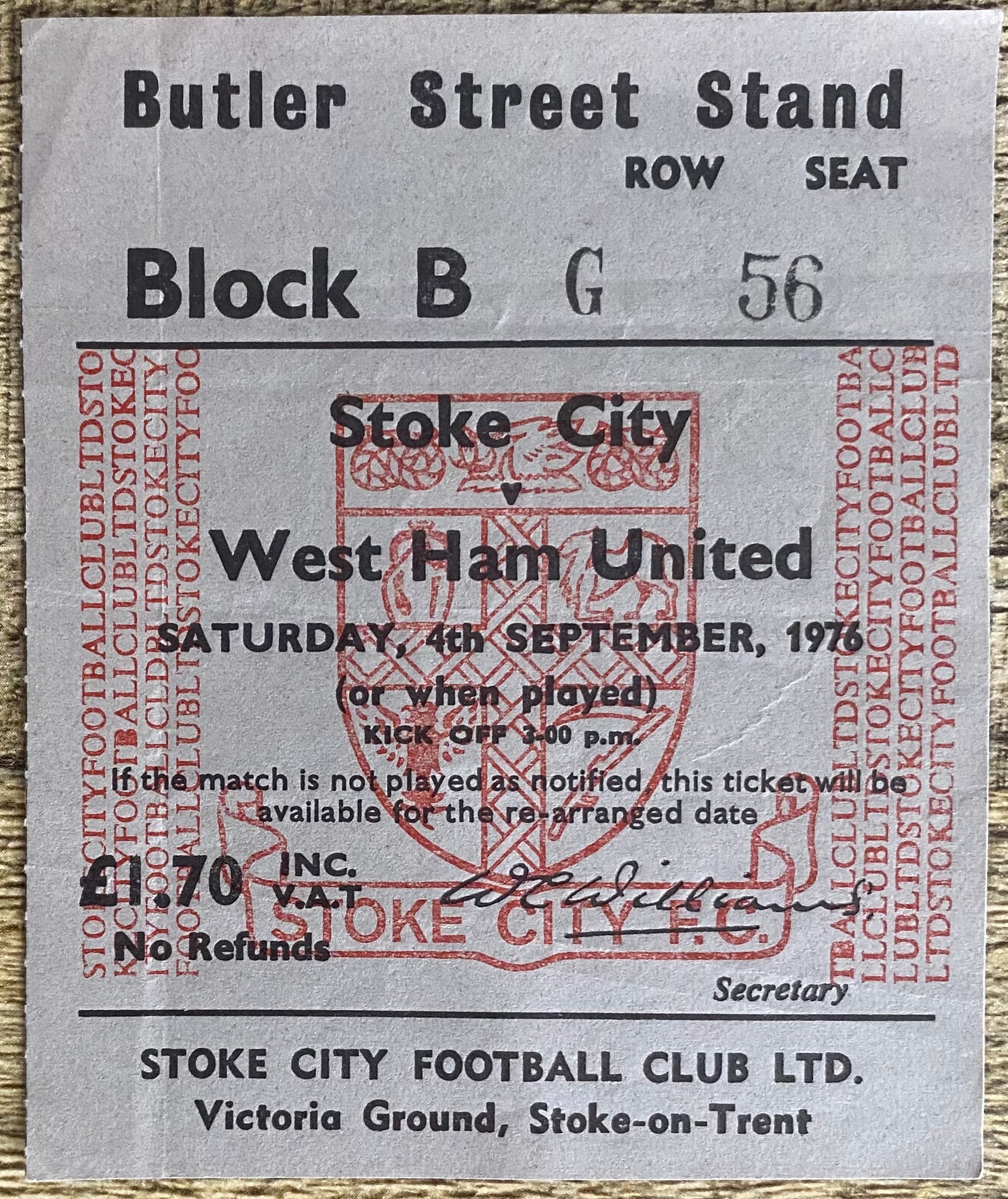 1976/77 ORIGINAL DIVISION ONE TICKET STOKE CITY V WEST HAM UNITED