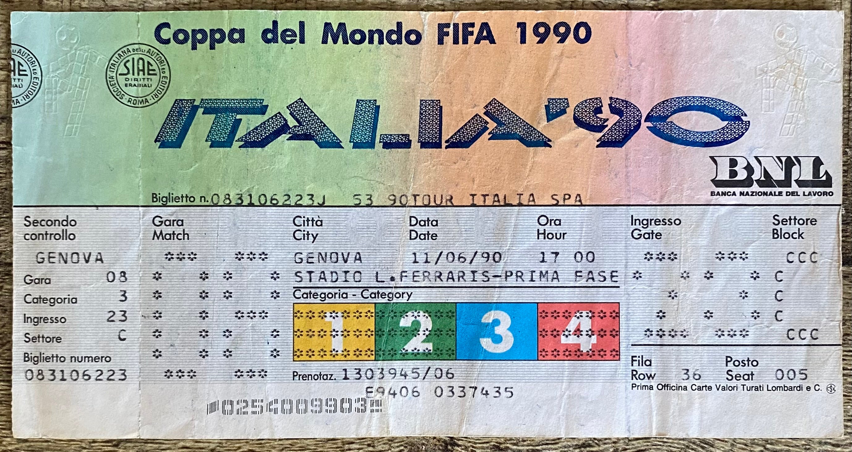 1990 ORIGINAL WORLD CUP 1ST ROUND TICKET SCOTLAND V COSTA RICA @ GENOA