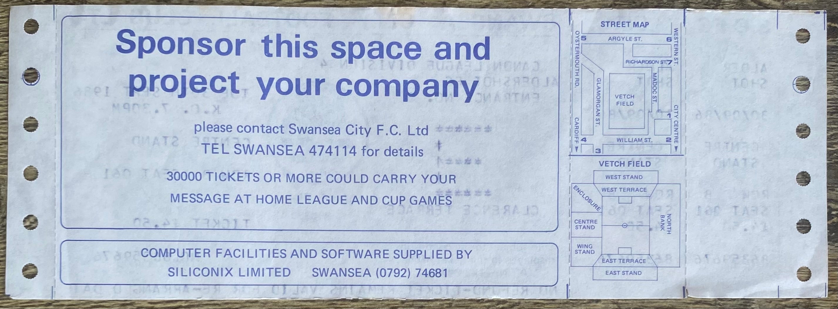 1986/87 ORIGINAL DIVISION 4 UNUSED TICKET SWANSEA CITY V ALDERSHOT