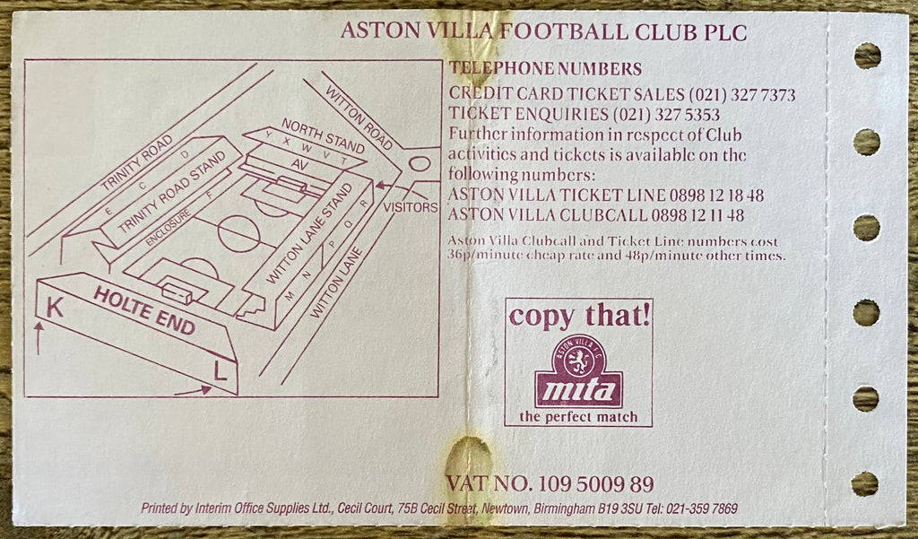 1992/93 ORIGINAL PREMIER LEAGUE TICKET ASTON VILLA V MANCHESTER CITY