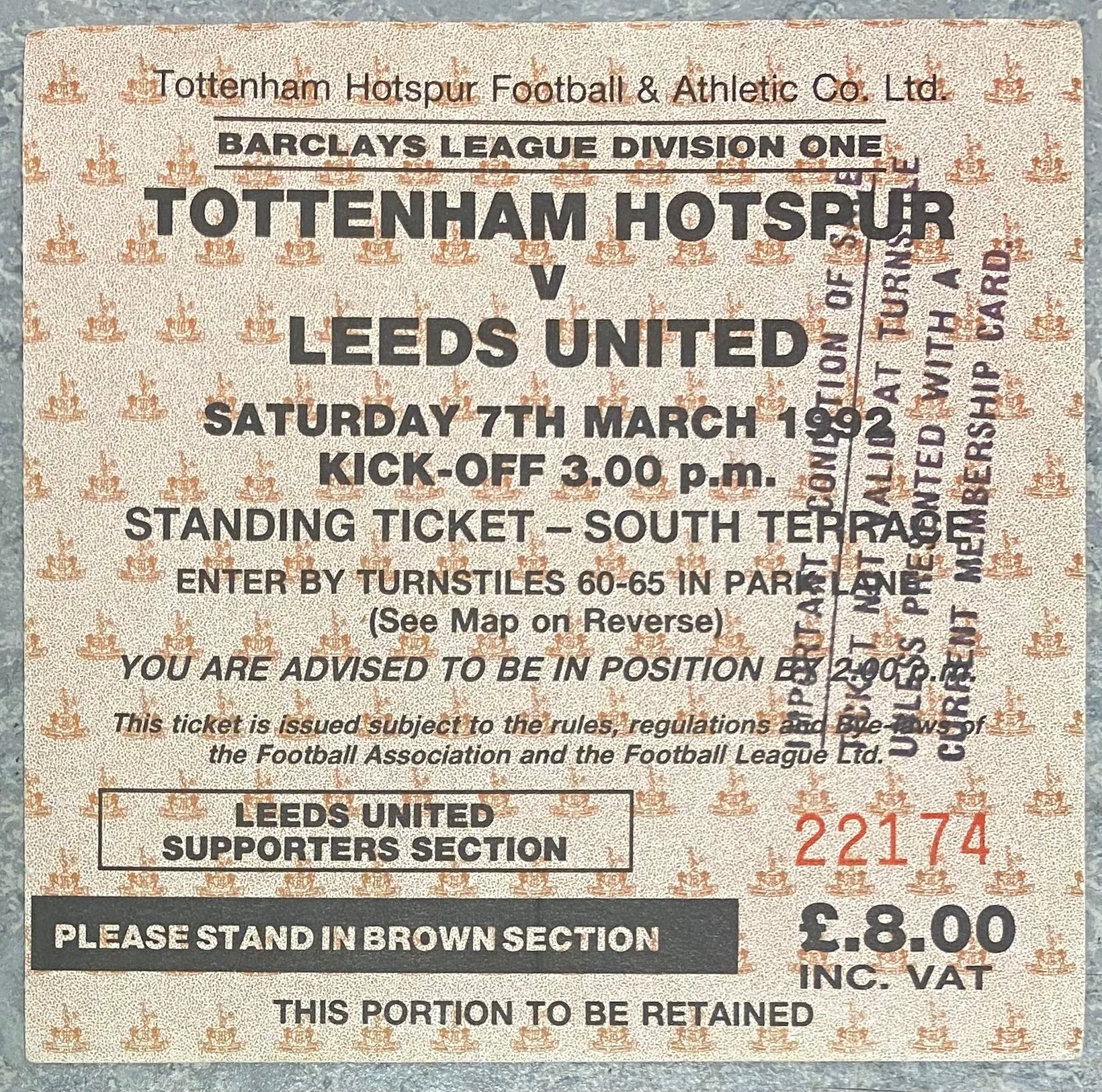 1991/92 ORIGINAL DIVISION 1 TICKET TOTTENHAM HOTSPUR V LEEDS UNITED
