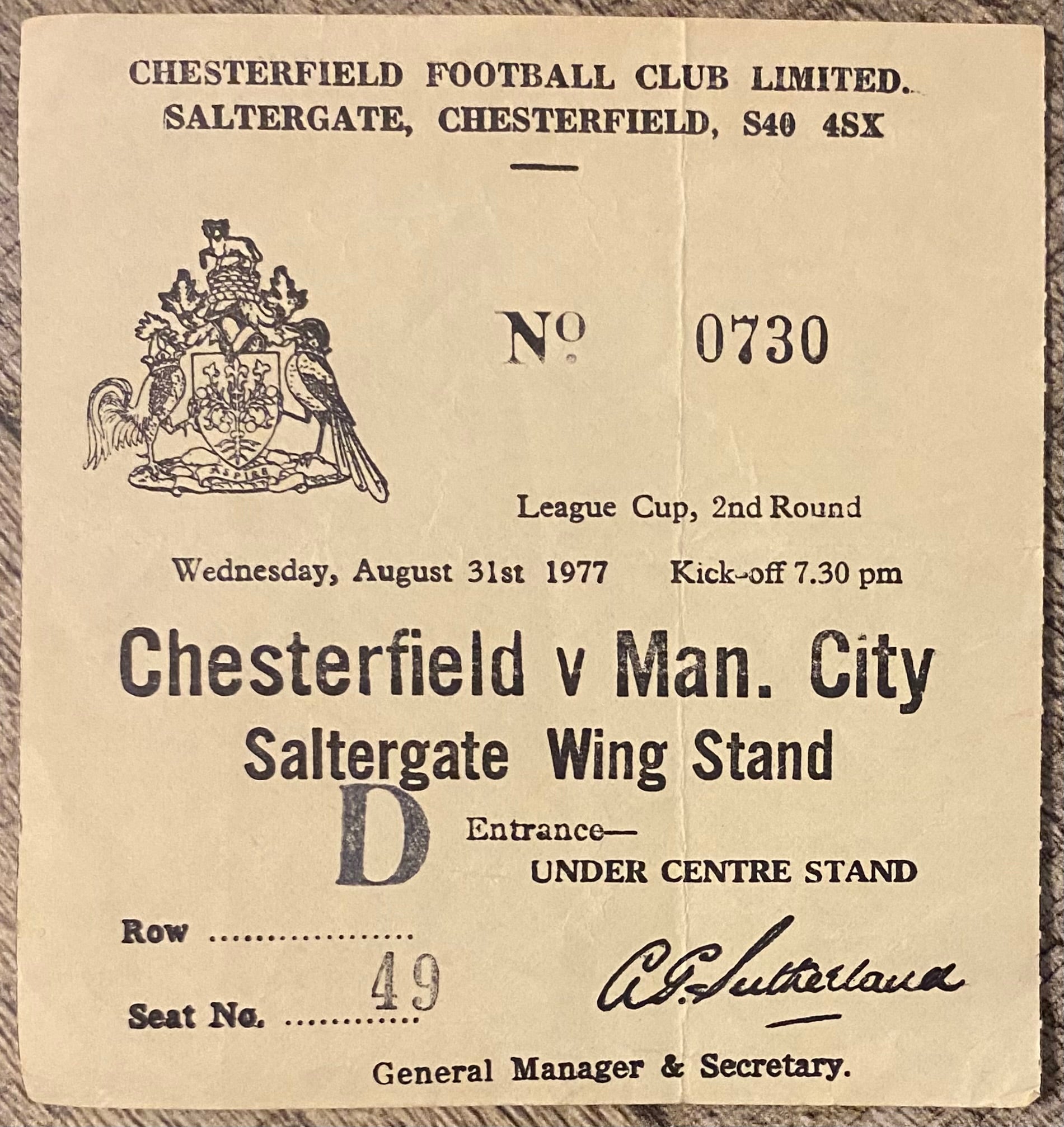 1977/78 ORIGINAL LEAGUE CUP 2ND ROUND TICKET CHESTERFIELD V MANCHESTER CITY
