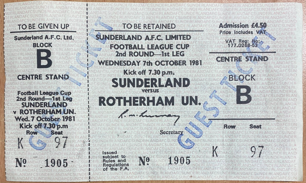 1981/82 ORIGINAL LEAGUE CUP 2ND ROUND 1ST LEG UNUSED TICKET SUNDERLAND V ROTHERHAM UNITED