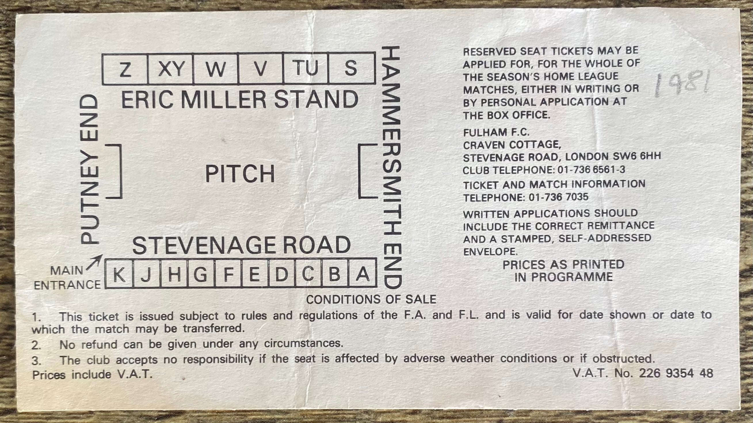 1981 ORIGINAL FRIENDLY TICKET FULHAM V JAPAN NATIONAL XI