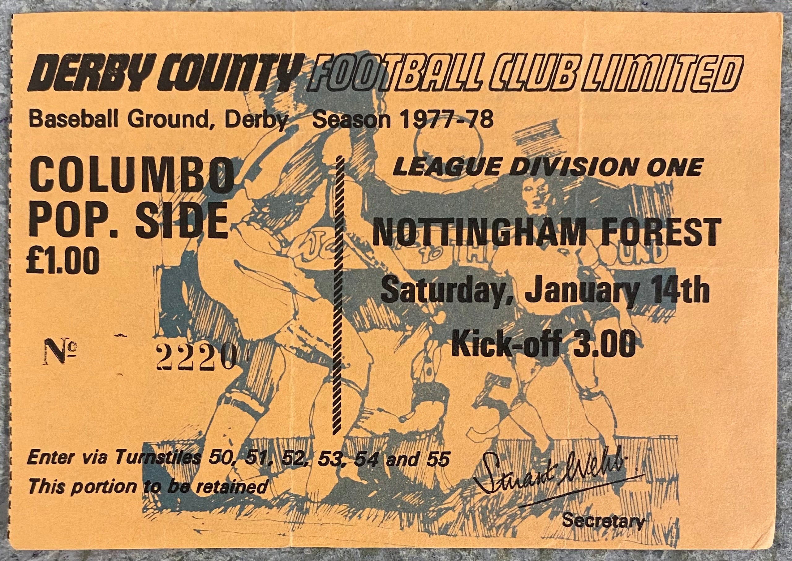 1977/78 ORIGINAL DIVISION 1 TICKET DERBY COUNTY V NOTTINGHAM FOREST