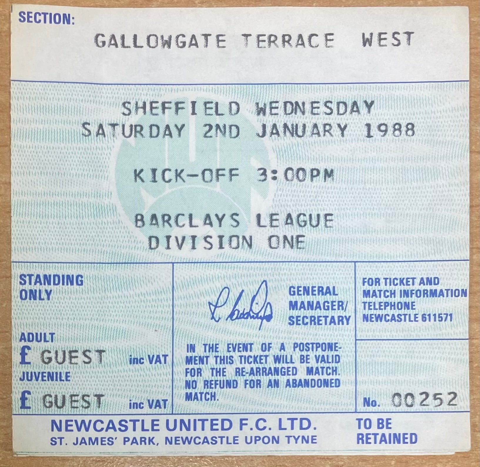 1987/88 ORIGINAL DIVISION 1 TICKET NEWCASTLE UNITED V SHEFFIELD WEDNESDAY