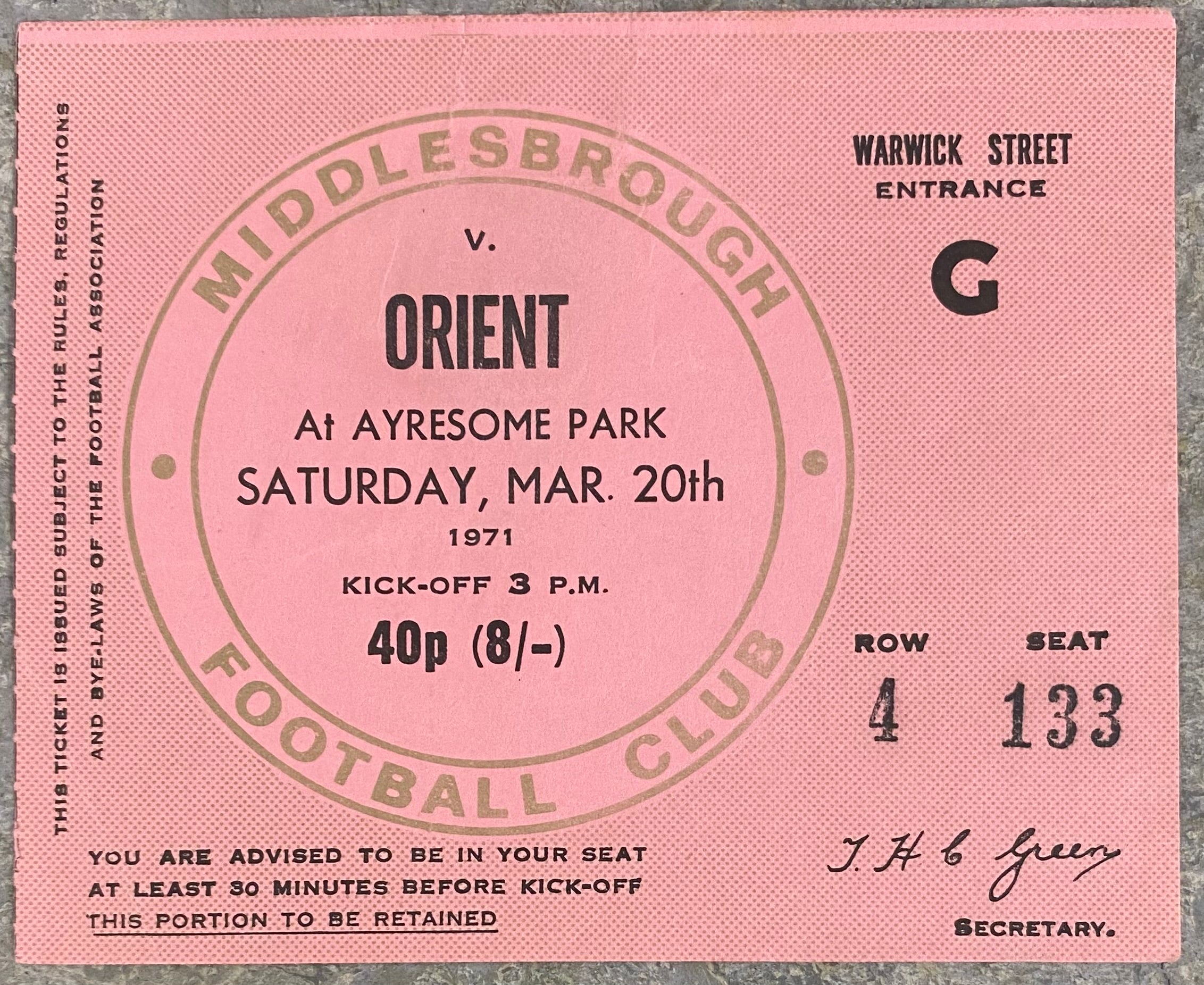 1970/71 ORIGINAL DIVISION 2 TICKET MIDDLESBROUGH V ORIENT