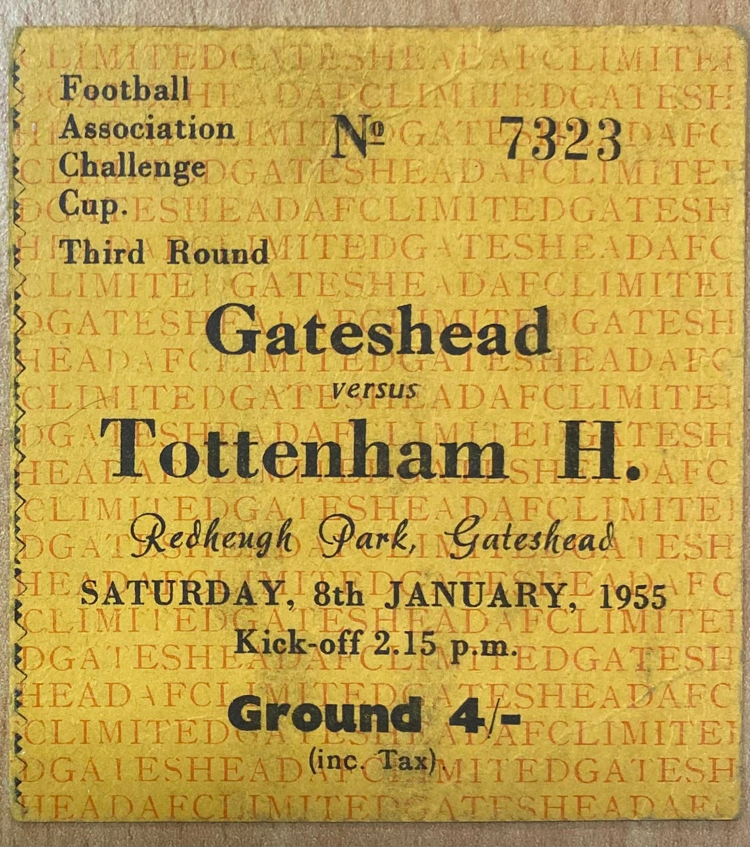 1954/55 ORIGINAL FA CUP 3RD ROUND TICKET GATESHEAD V TOTTENHAM HOTSPUR
