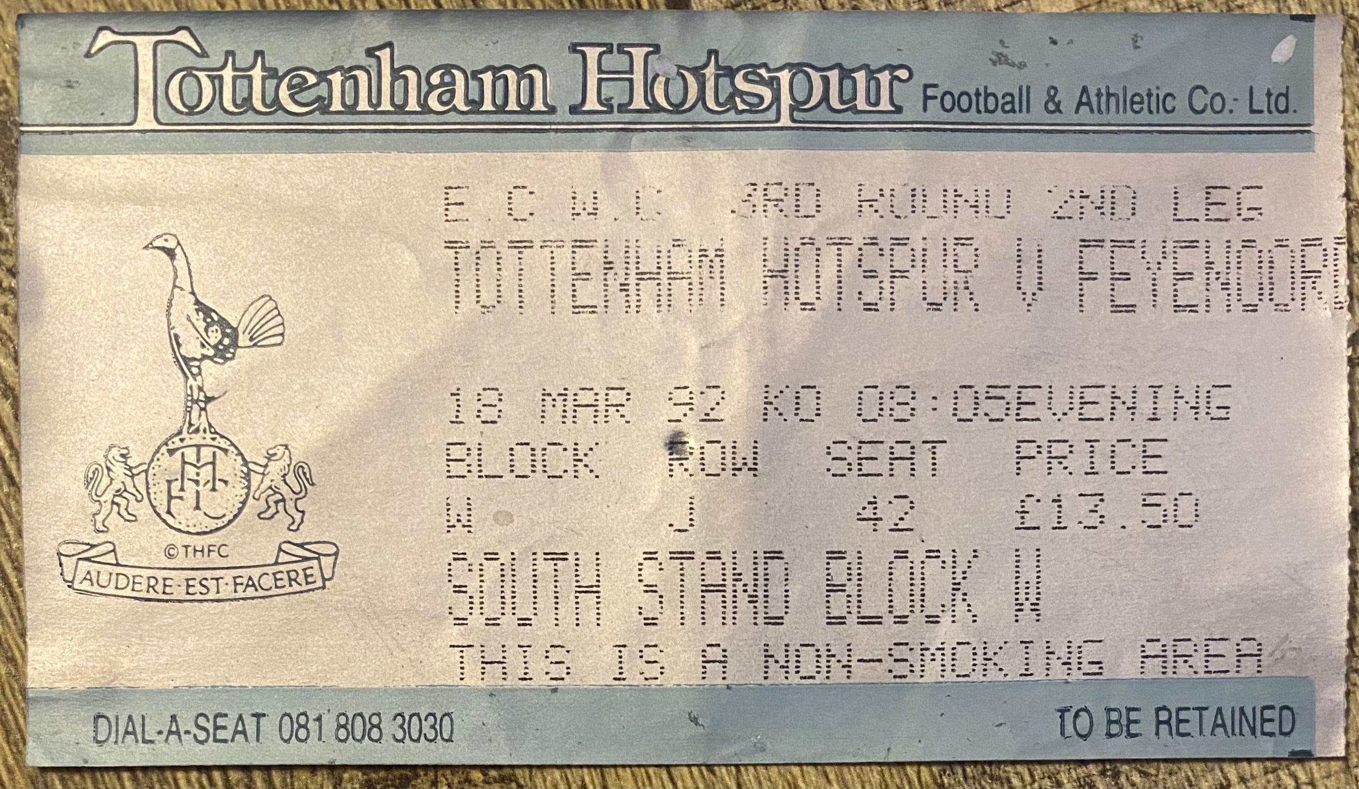 1991/92 ORIGINAL EUROPEAN CUP WINNERS CUP TICKET 3RD ROUND 1ST LEG TOTTENHAM HOTSPUR V FEYENOORD