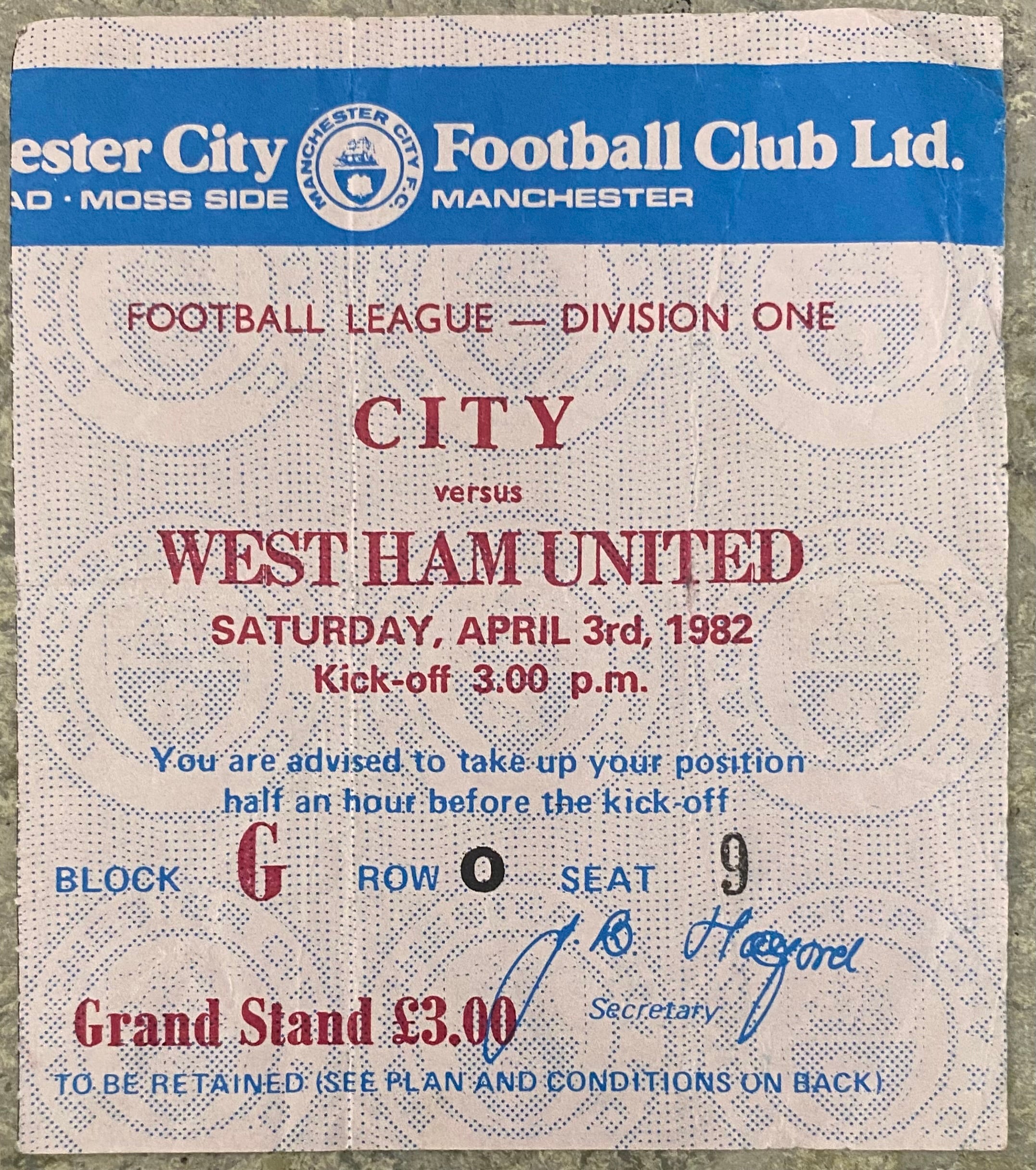 1981/82 ORIGINAL DIVISION 1 TICKET MANCHESTER CITY V WEST HAM UNITED