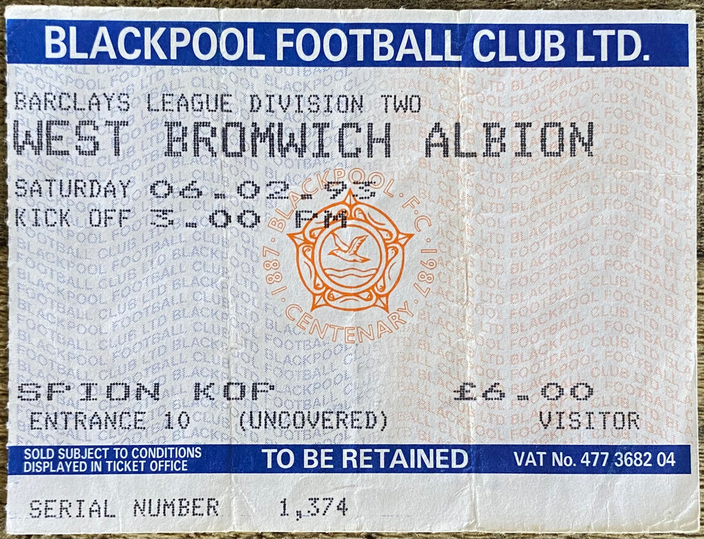 1992/93 ORIGINAL DIVISION 2 TICKET BLACKPOOL V WEST BROMWICH ALBION