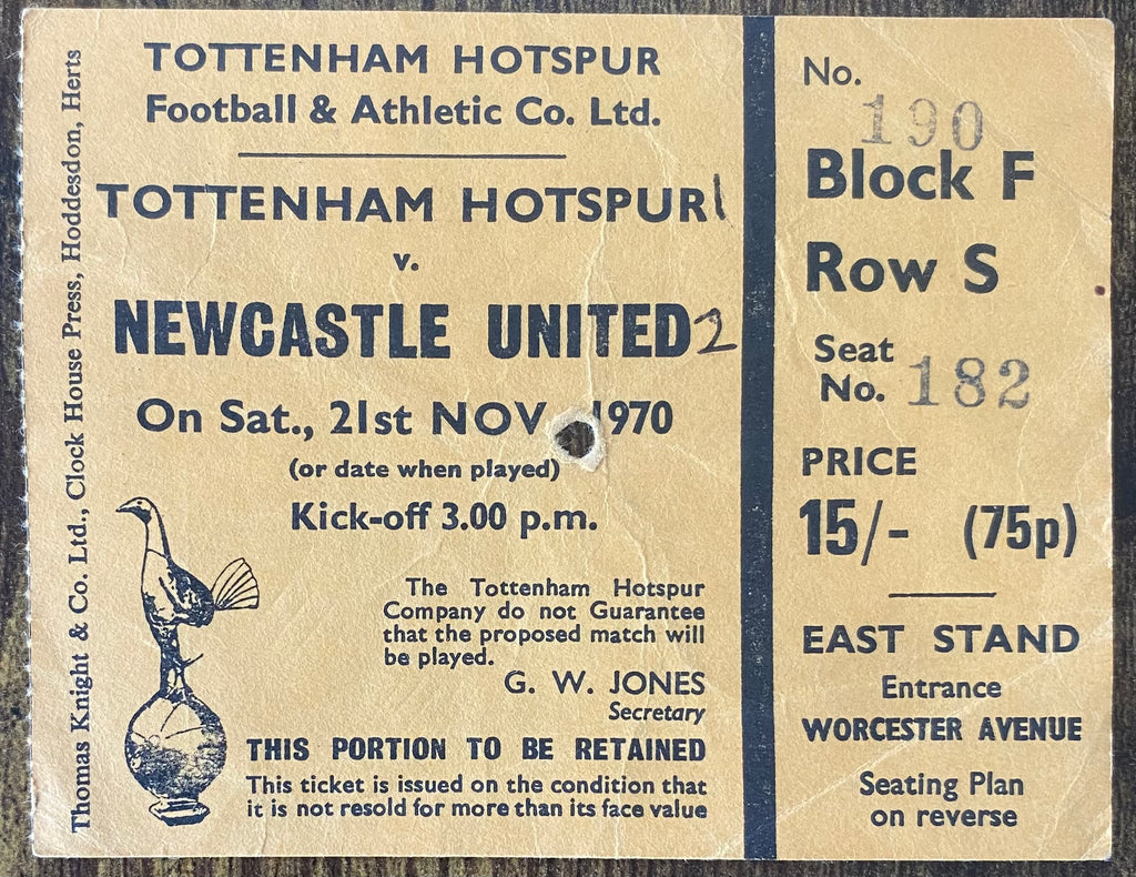 1970/71 ORIGINAL DIVISION ONE TICKET TOTTENHAM HOTSPUR V NEWCASTLE UNITED