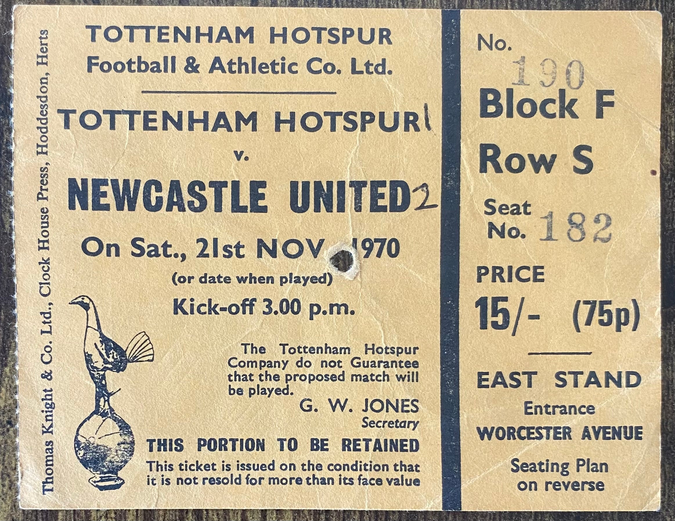 1970/71 ORIGINAL DIVISION ONE TICKET TOTTENHAM HOTSPUR V NEWCASTLE UNITED