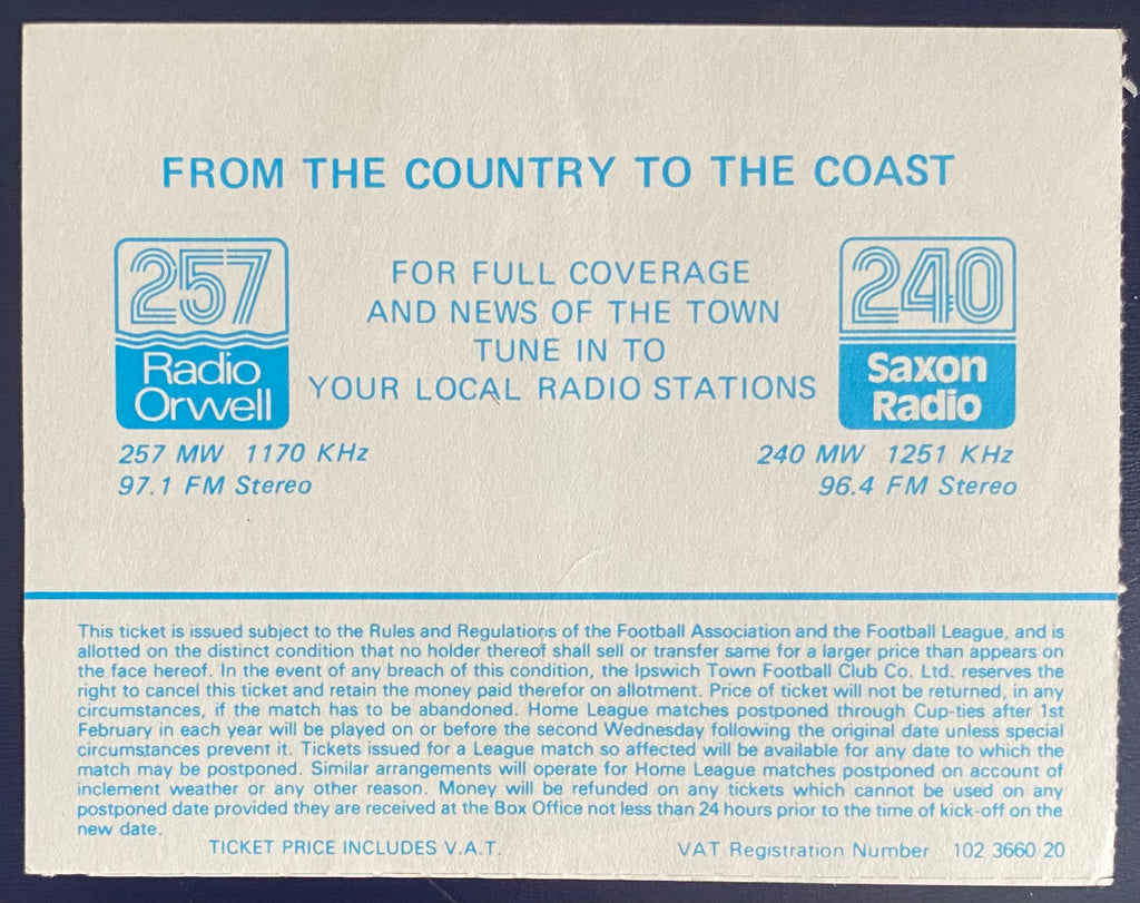 1989/90 ORIGINAL DIVISION 2 TICKET IPSWICH TOWN V WEST HAM UNITED