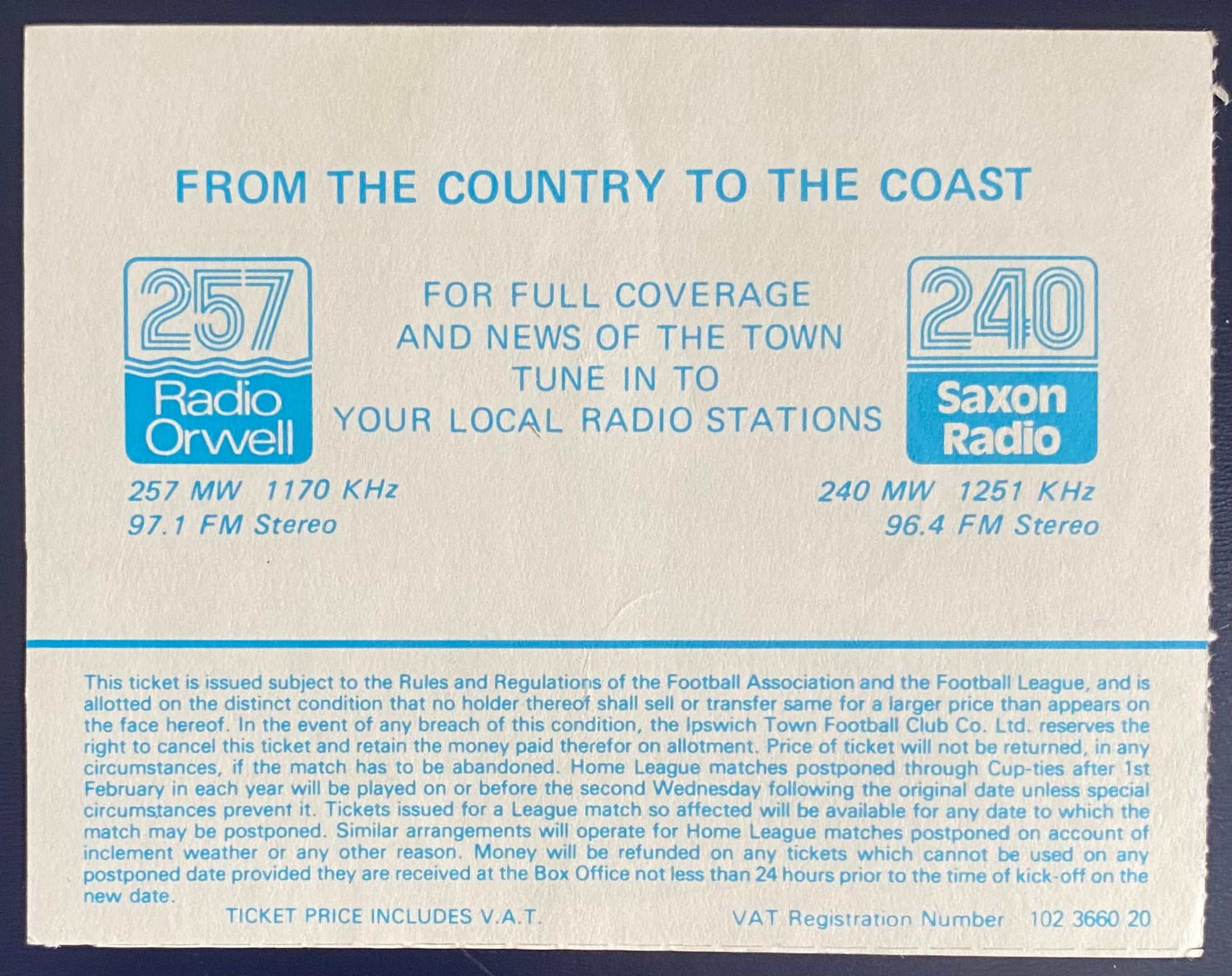 1989/90 ORIGINAL DIVISION 2 TICKET IPSWICH TOWN V WEST HAM UNITED