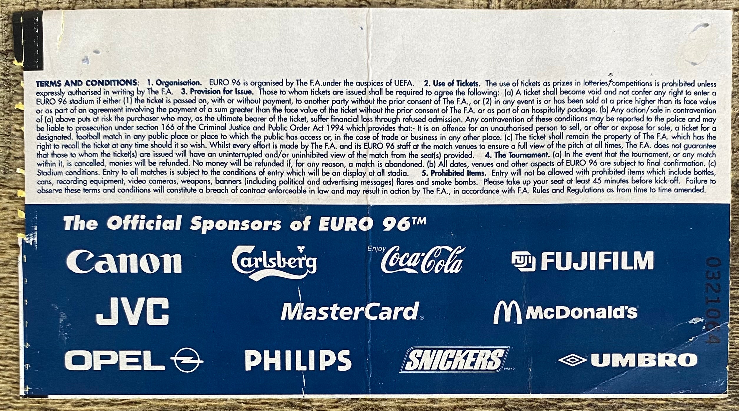 1996 ORIGINAL EUROPEAN CHAMPIONSHIPS EURO 96 OPENING MATCH TICKET ENGLAND V SWITZERLAND @ WEMBLEY