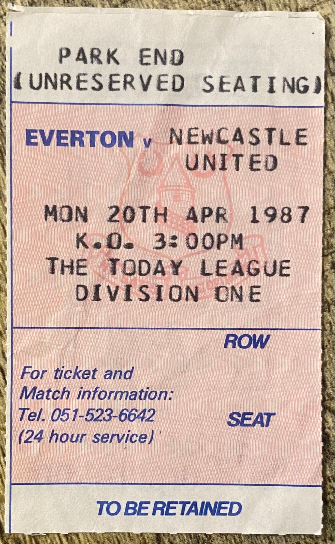 1986/87 ORIGINAL DIVISION ONE TICKET EVERTON V NEWCASTLE UNITED