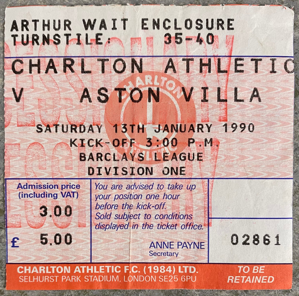1989/90 ORIGINAL DIVISION ONE TICKET CHARLTON ATHLETIC V ASTON VILLA