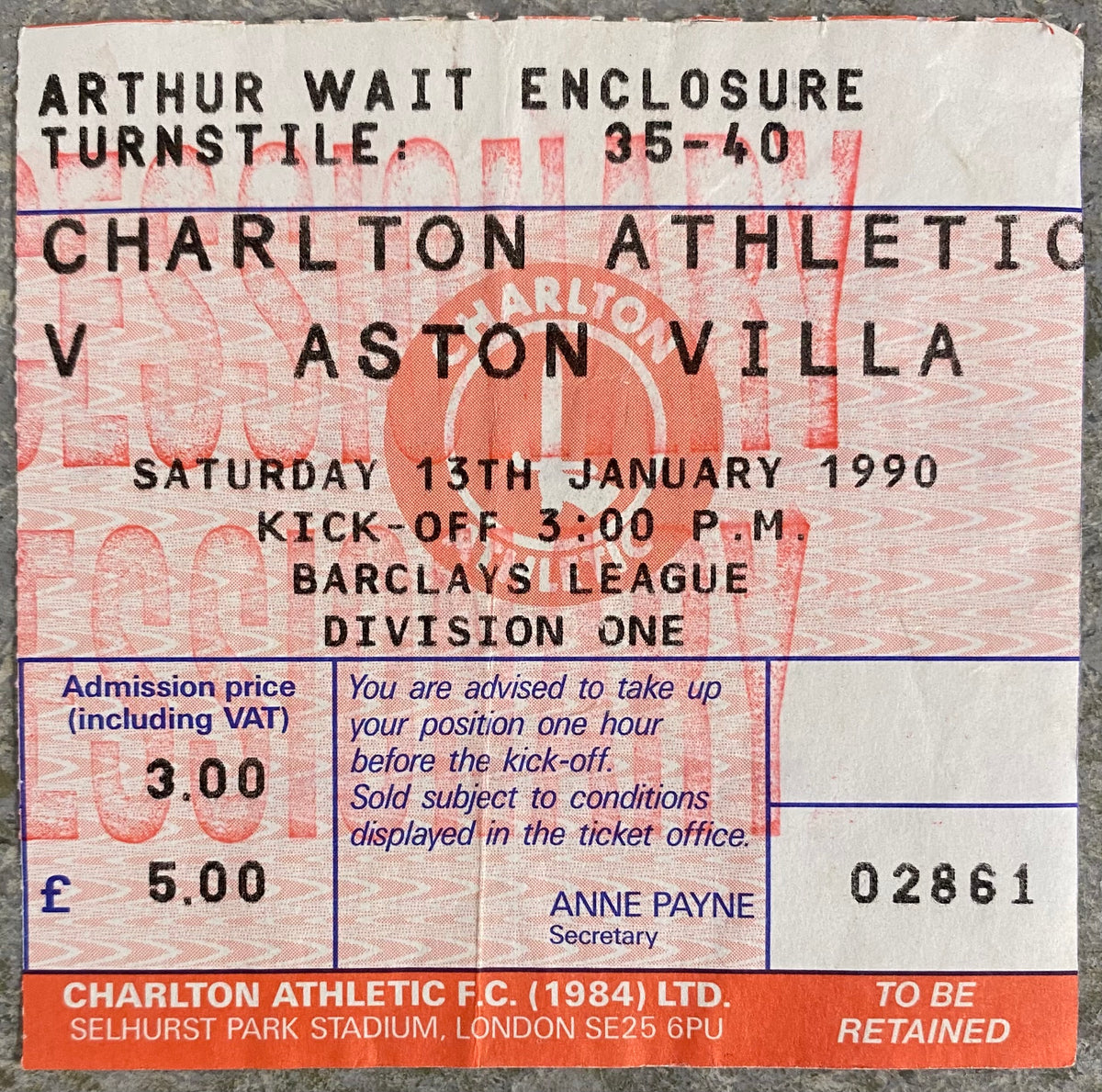 1989/90 ORIGINAL DIVISION ONE TICKET CHARLTON ATHLETIC V ASTON VILLA