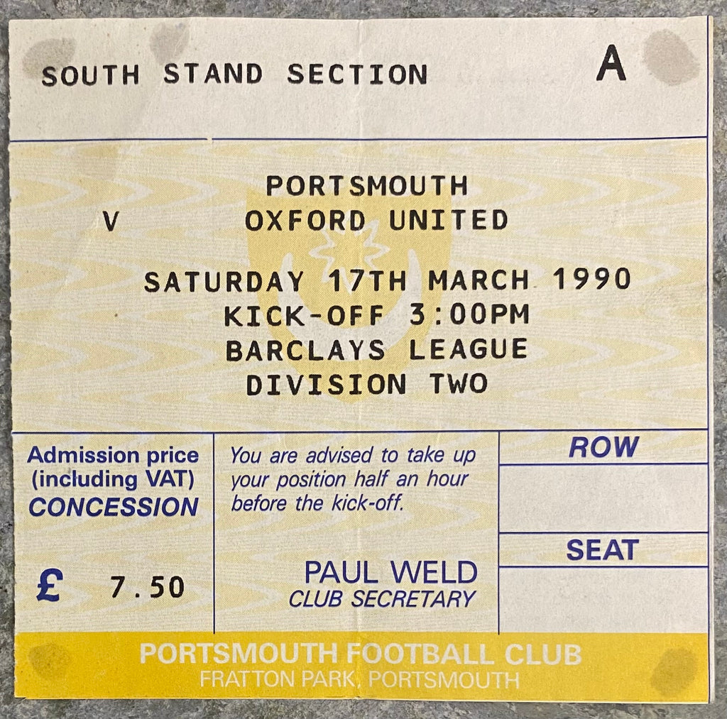1989/90 ORIGINAL DIVISION 2 TICKET PORTSMOUTH V OXFORD UNITED