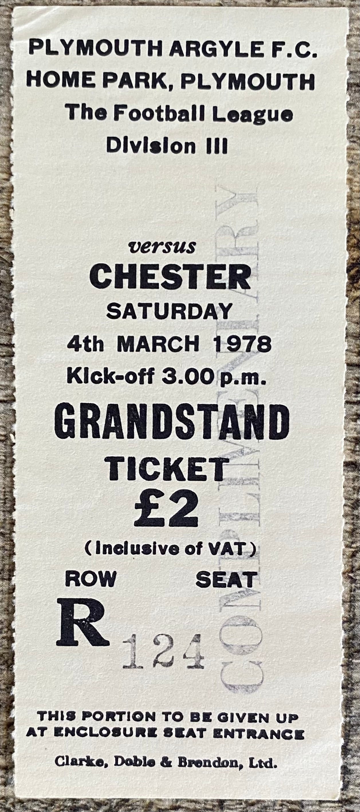 1977/78  ORIGINAL DIVISION 3 TICKET PLYMOUTH ARGYLE V CHESTER CITY