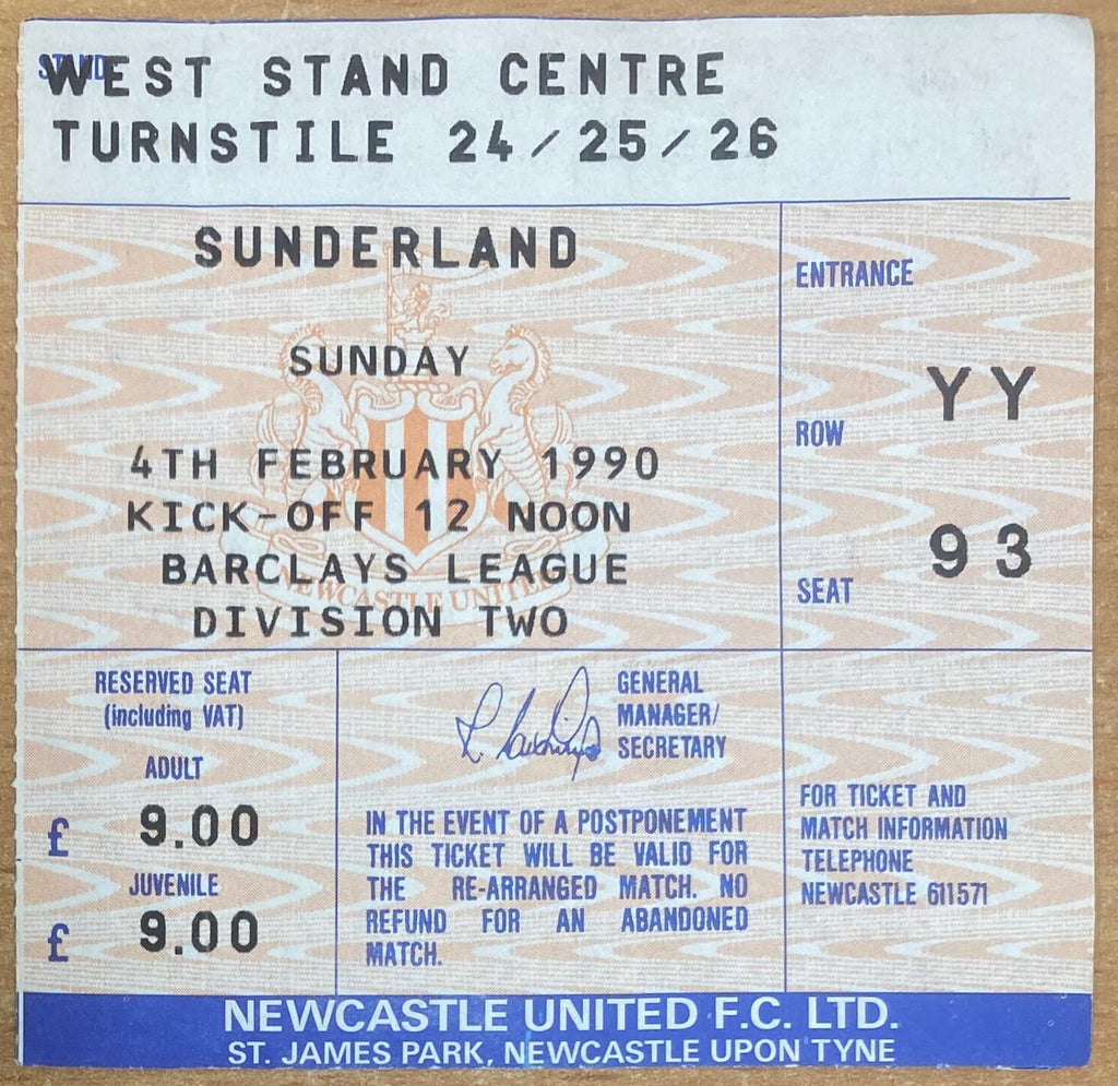 1989/90 ORIGINAL DIVISION 2 TICKET NEWCASTLE UNITED V SUNDERLAND