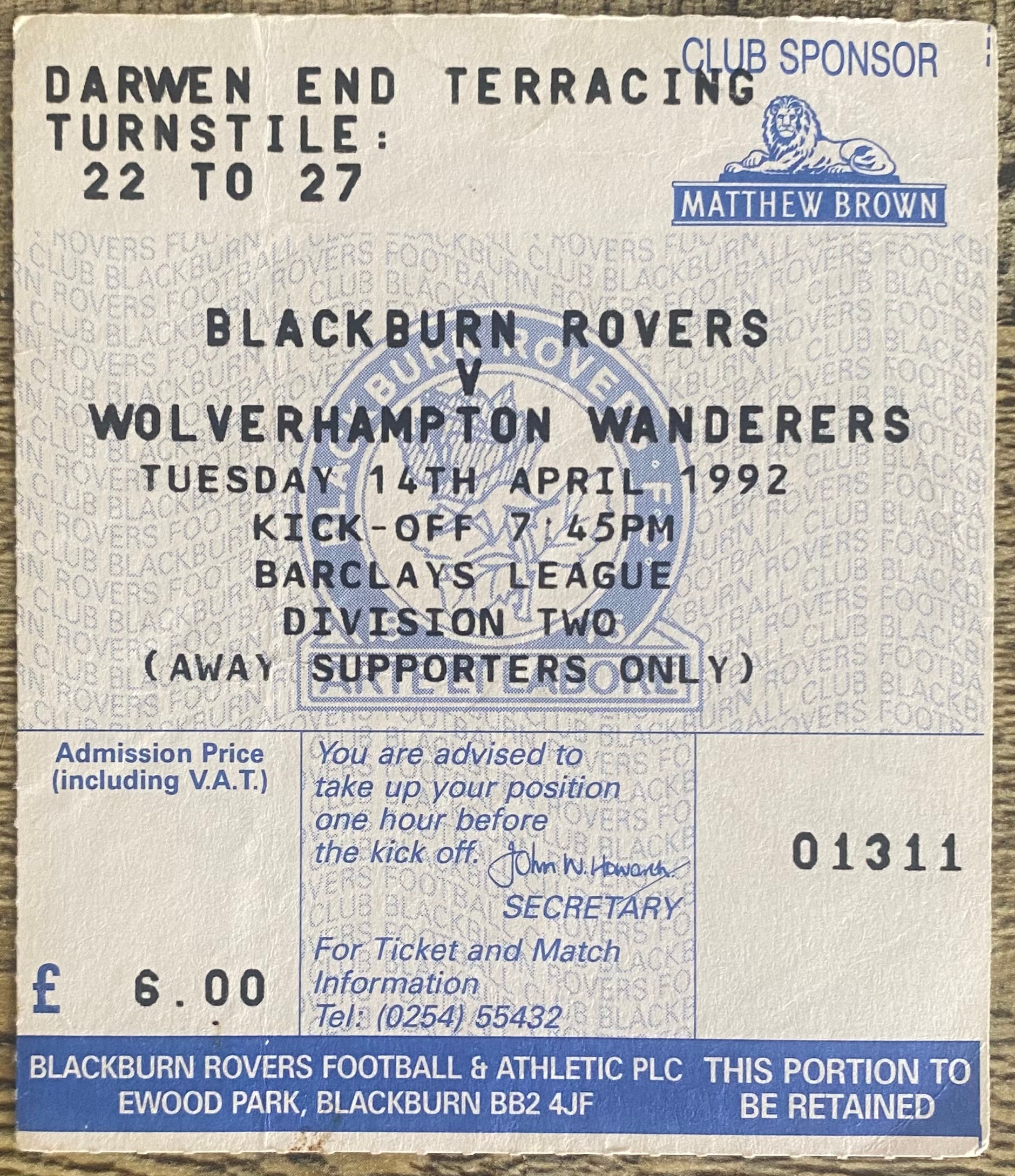 1991/92 ORIGINAL DIVISION 2 TICKET BLACKBURN ROVERS V WOLVERHAMPTON WANDERERS