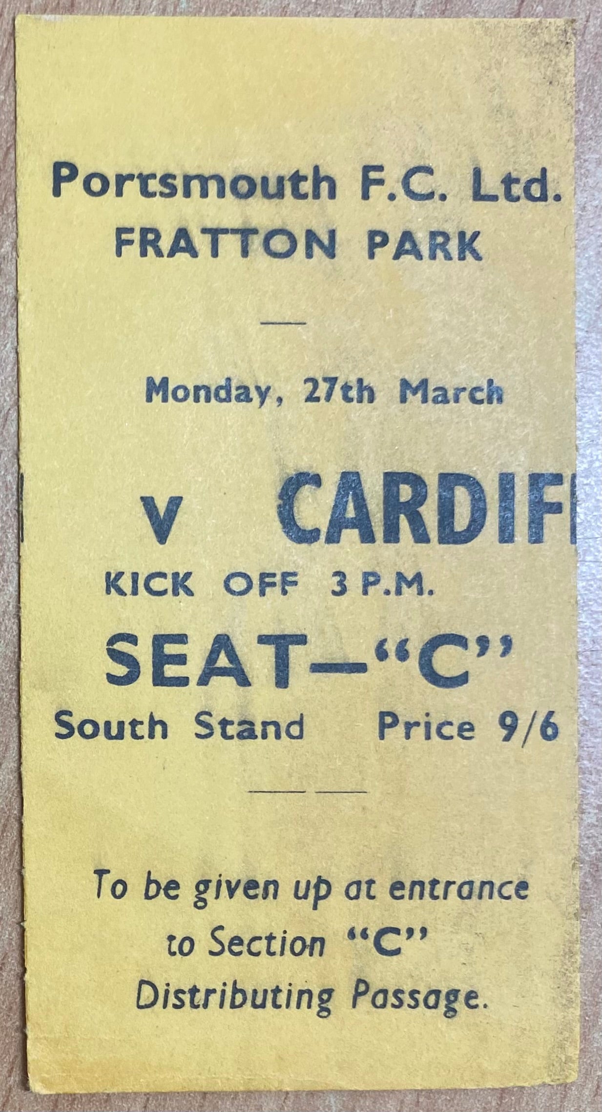 1966/67 ORIGINAL DIVISION 2 TICKET PORTSMOUTH V CARDIFF CITY