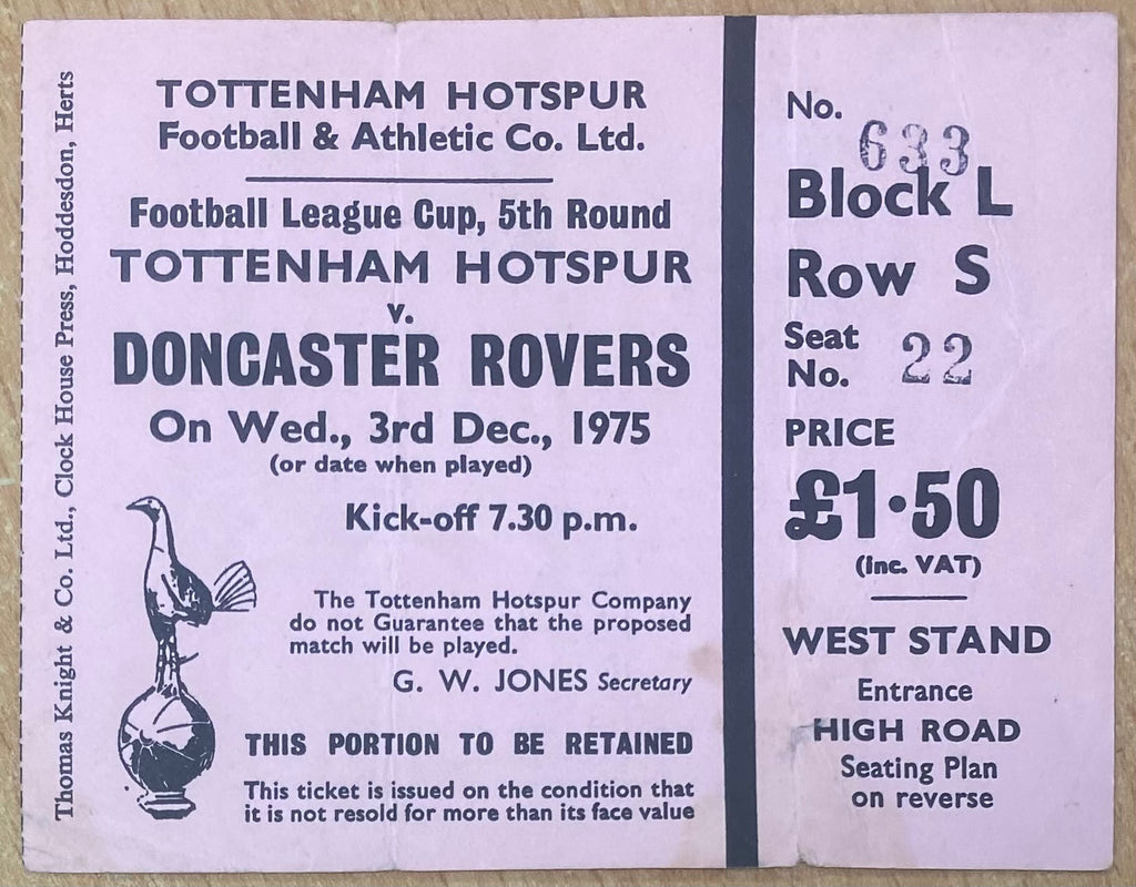 1975/76 ORIGINAL LEAGUE CUP 5TH ROUND TICKET TOTTENHAM HOTSPUR V DONCASTER ROVERS