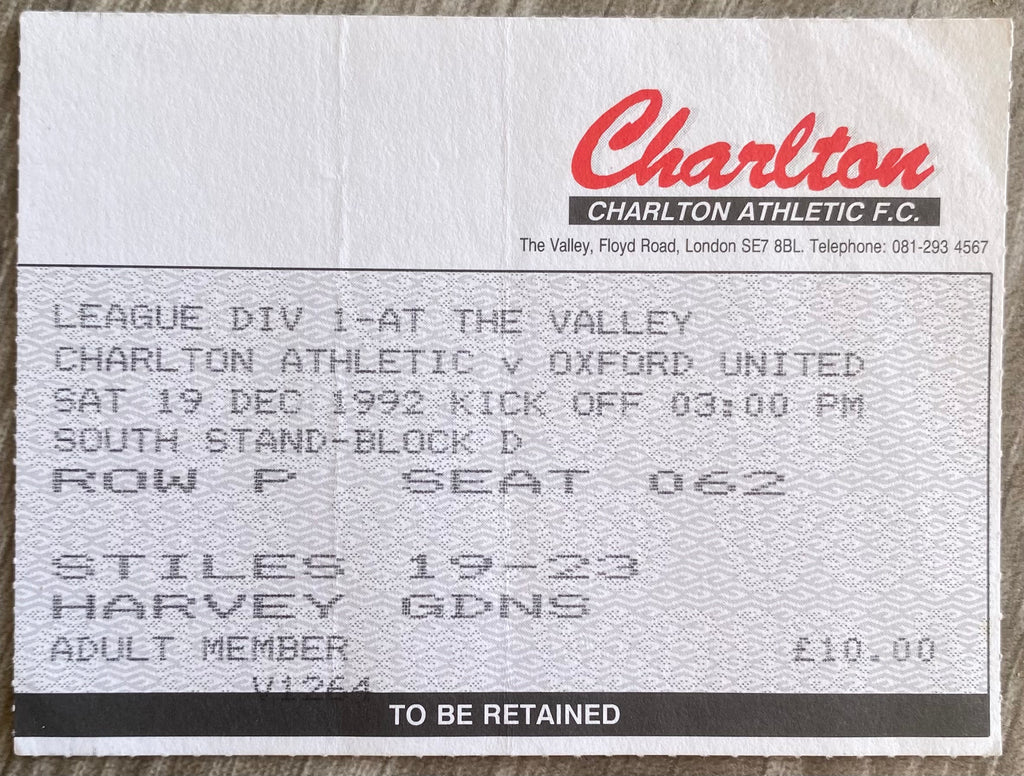 1992/93 ORIGINAL DIVISION 1 TICKET CHARLTON ATHLETIC V OXFORD UNITED