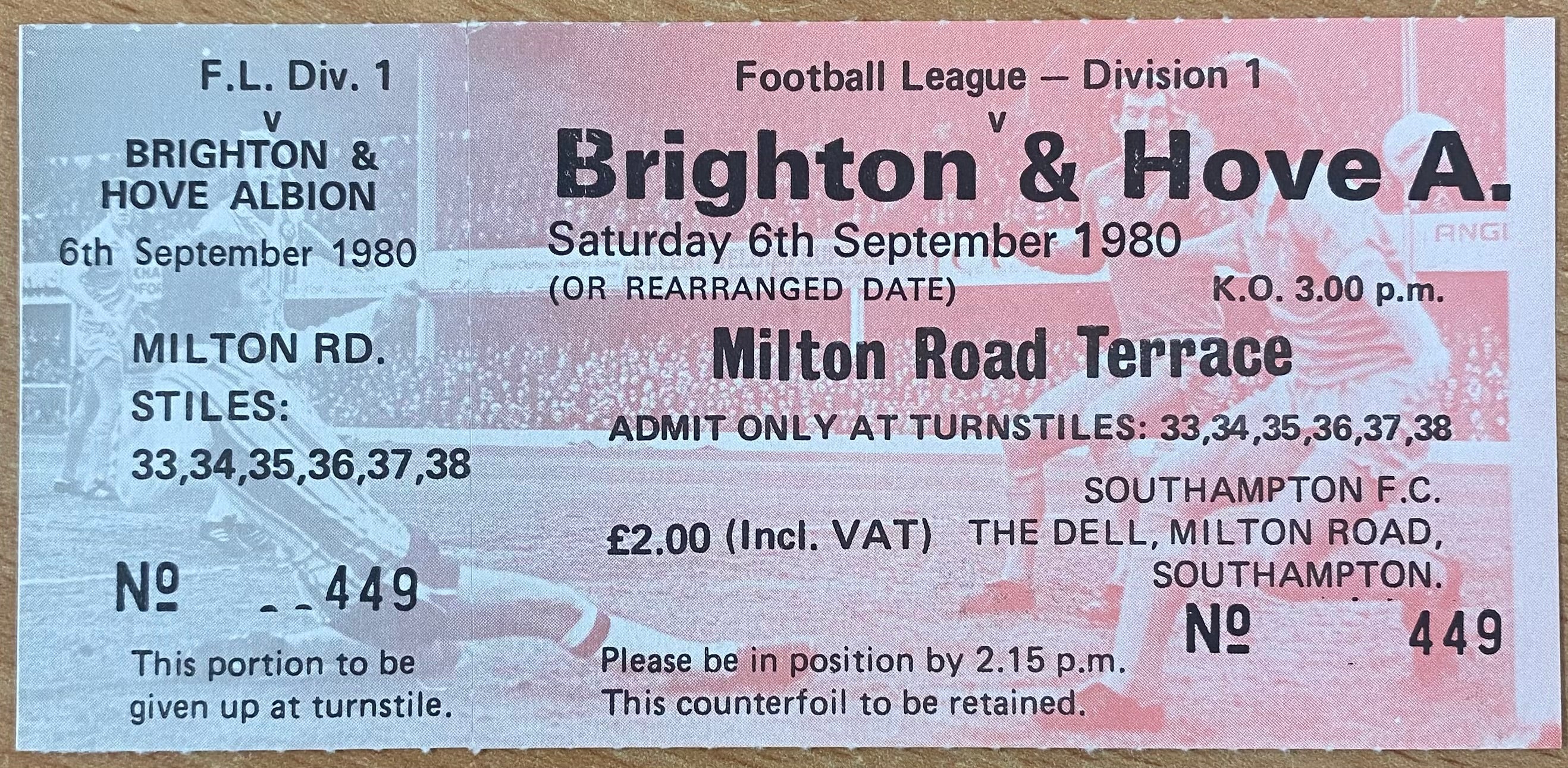 1980/81 ORIGINAL DIVISION 1 UNUSED TICKET SOUTHAMPTON V BRIGHTON AND HOVE ALBION