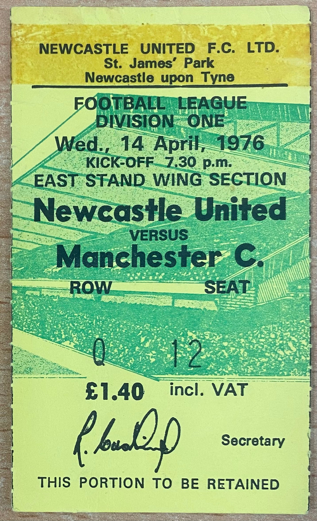 1975/76 ORIGINAL DIVISION 1 TICKET NEWCASTLE UNITED V MANCHESTER CITY