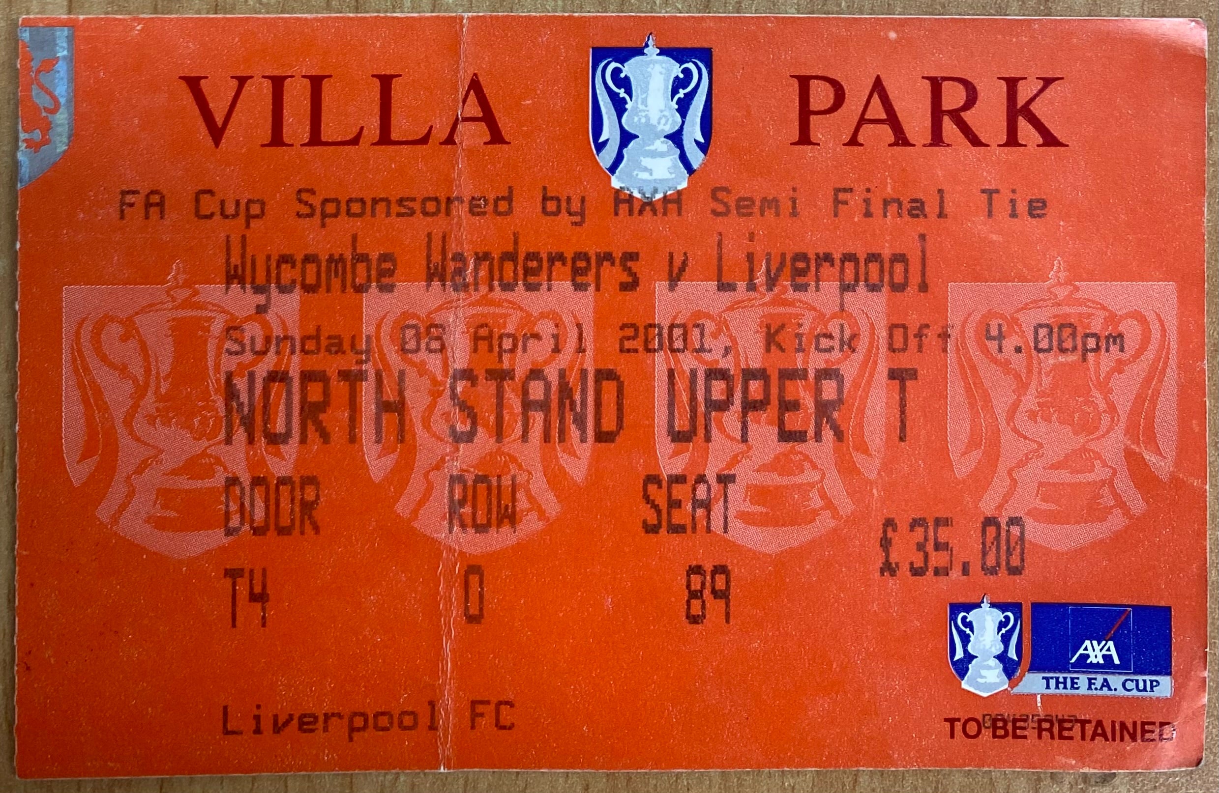 2001 ORIGINAL FA CUP SEMI FINAL TICKET WYCOMBE WANDERERS V LIVERPOOL @ VILLA PARK
