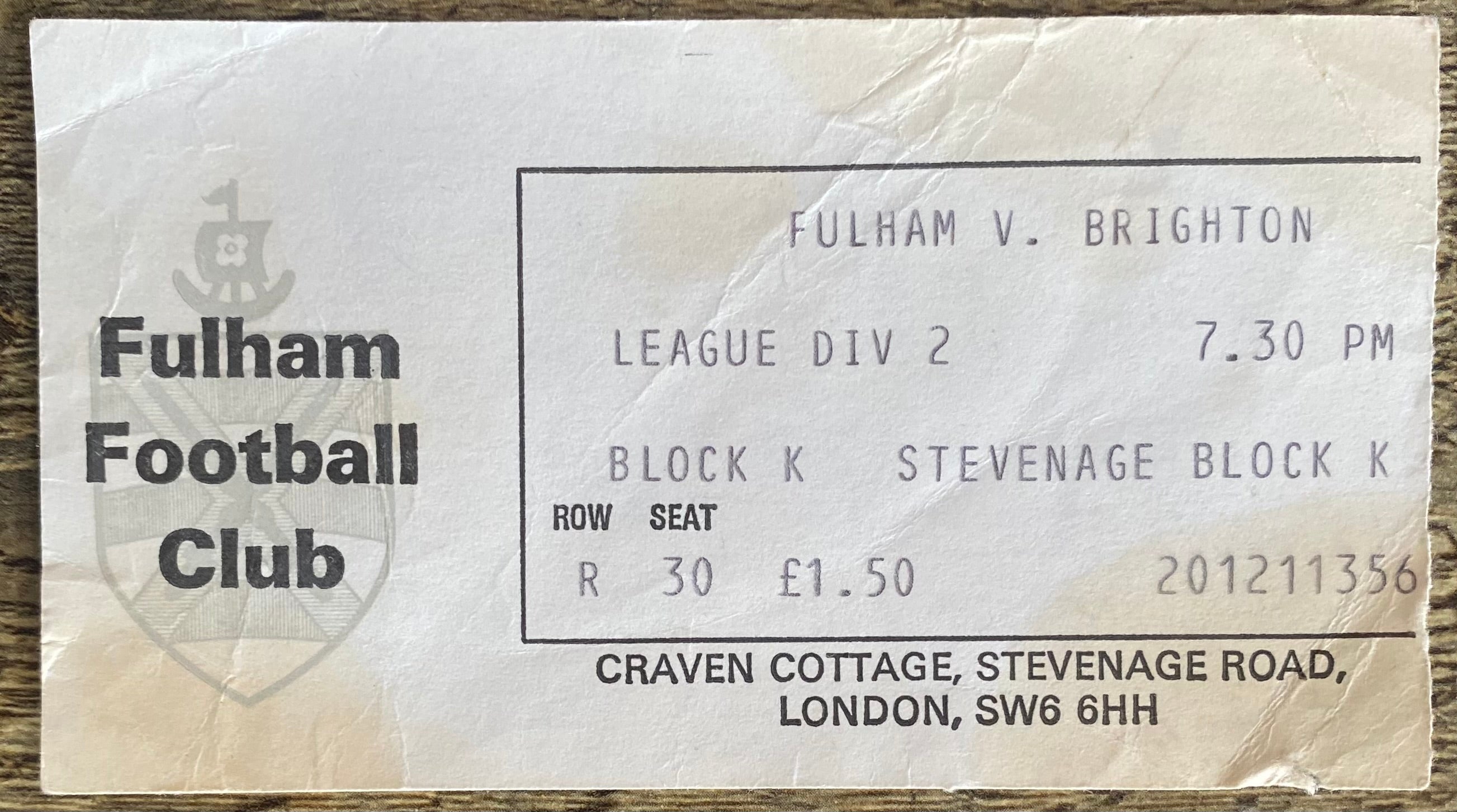 1977/78 ORIGINAL DIVISION 2 TICKET FULHAM V BRIGHTON AND HOVE ALBION