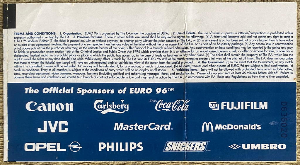 1996 ORIGINAL EUROPEAN CHAMPIONSHIPS EURO 96 OPENING MATCH TICKET ENGLAND V SWITZERLAND @ WEMBLEY