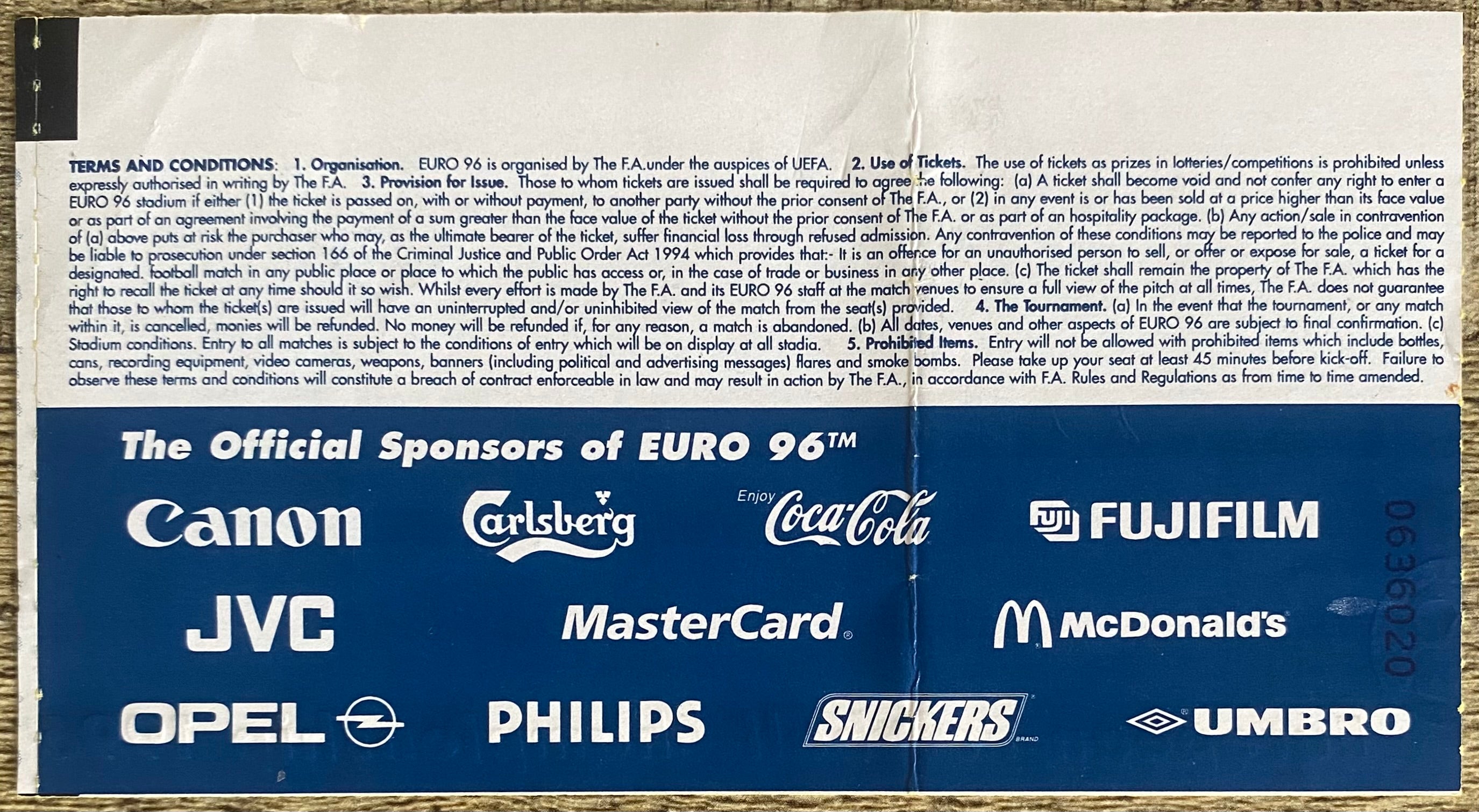 1996 ORIGINAL EUROPEAN CHAMPIONSHIPS EURO 96 OPENING MATCH TICKET ENGLAND V SWITZERLAND @ WEMBLEY