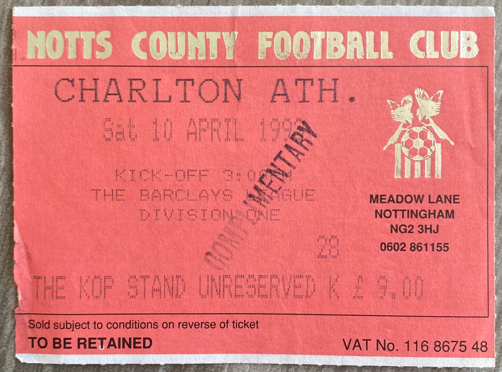 1992/93 ORIGINAL DIVISION 1 TICKET NOTTS COUNTY V CHARLTON ATHLETIC
