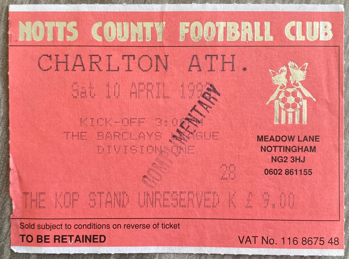 1992/93 ORIGINAL DIVISION 1 TICKET NOTTS COUNTY V CHARLTON ATHLETIC
