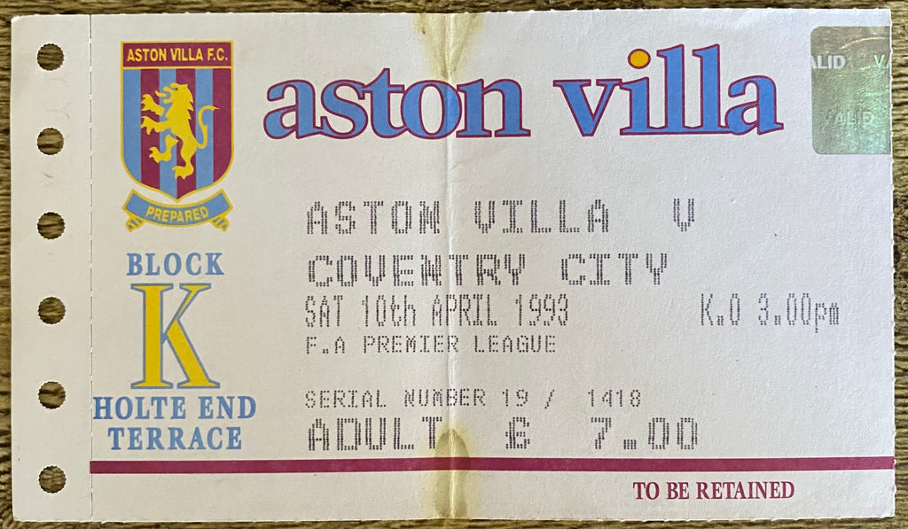 1992/93 ORIGINAL PREMIER LEAGUE TICKET ASTON VILLA V COVENTRY CITY
