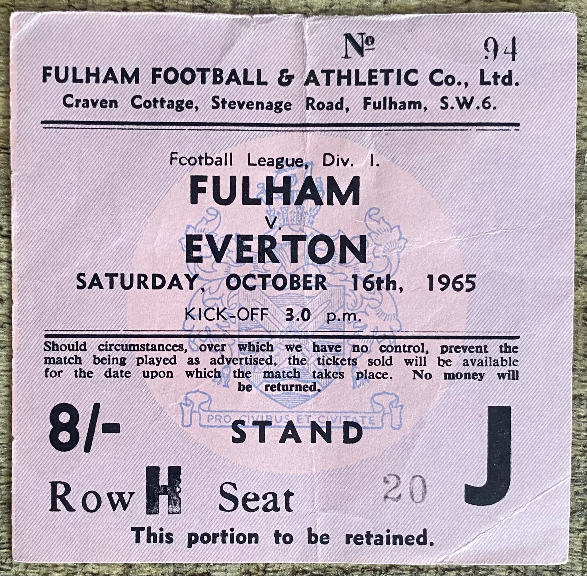 1965/66 ORIGINAL DIVISION 1 TICKET FULHAM V EVERTON