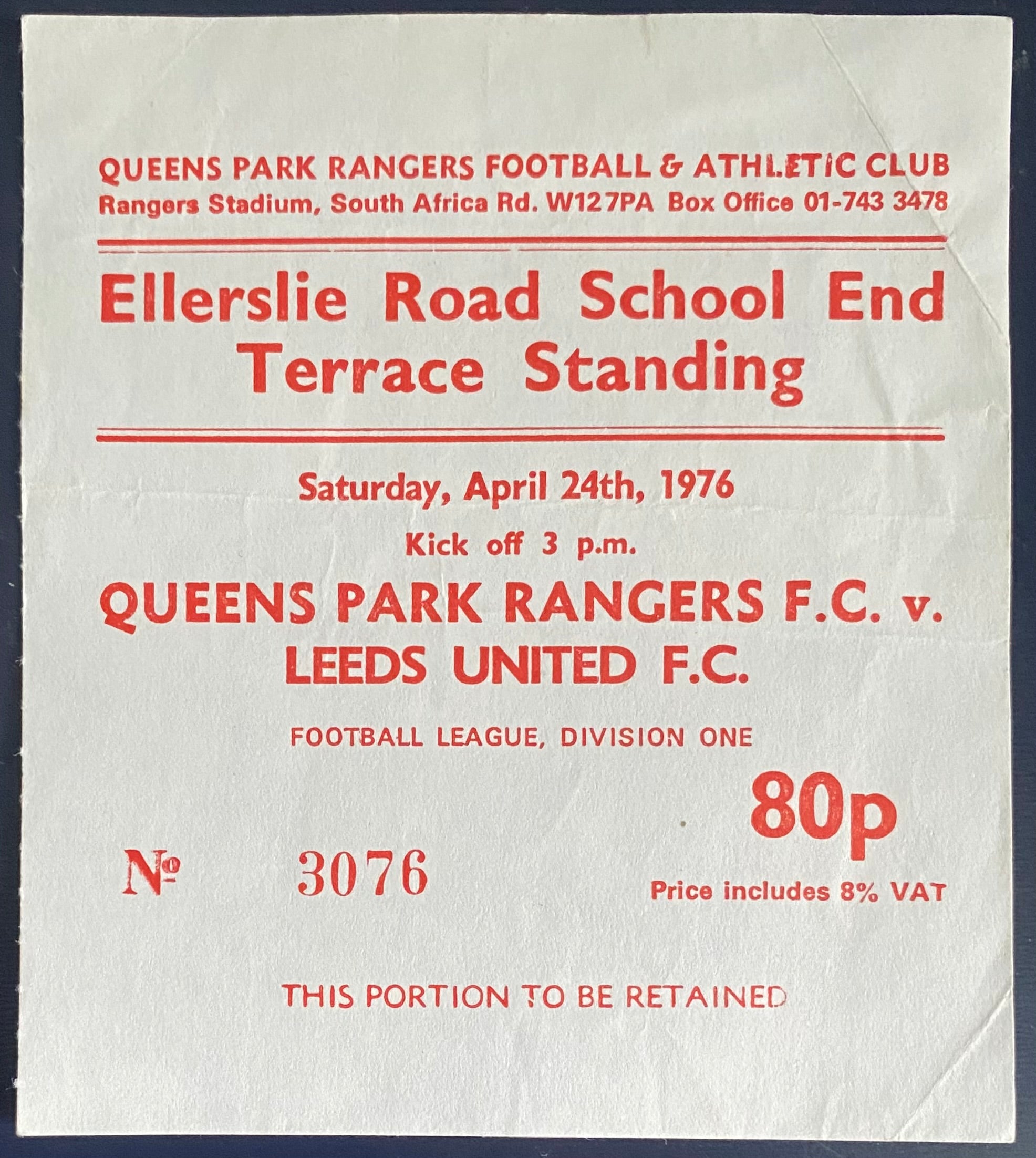 1975/76 ORIGINAL DIVISION 1 TICKET QUEENS PARK RANGERS V LEEDS UNITED