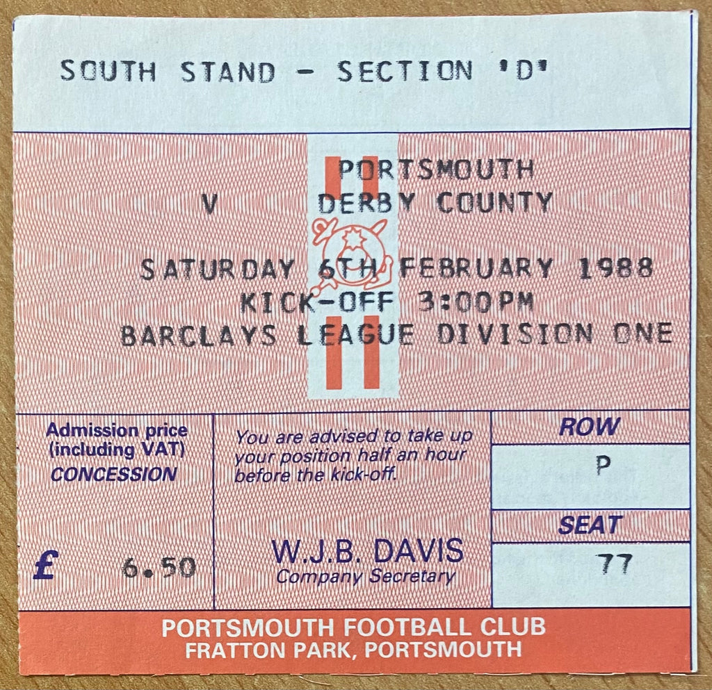 1987/88 ORIGINAL DIVISION 1 TICKET PORTSMOUTH V DERBY COUNTY