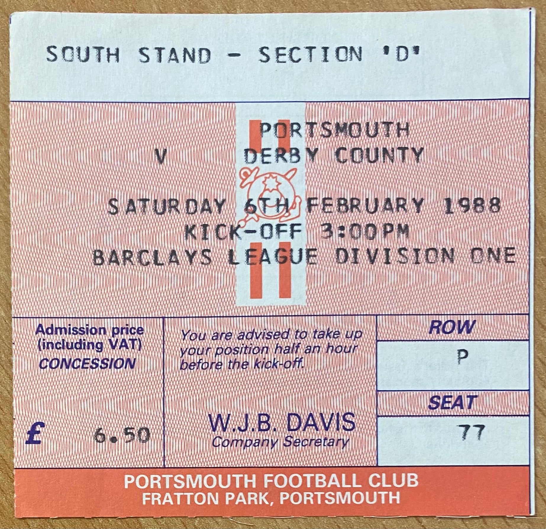 1987/88 ORIGINAL DIVISION 1 TICKET PORTSMOUTH V DERBY COUNTY