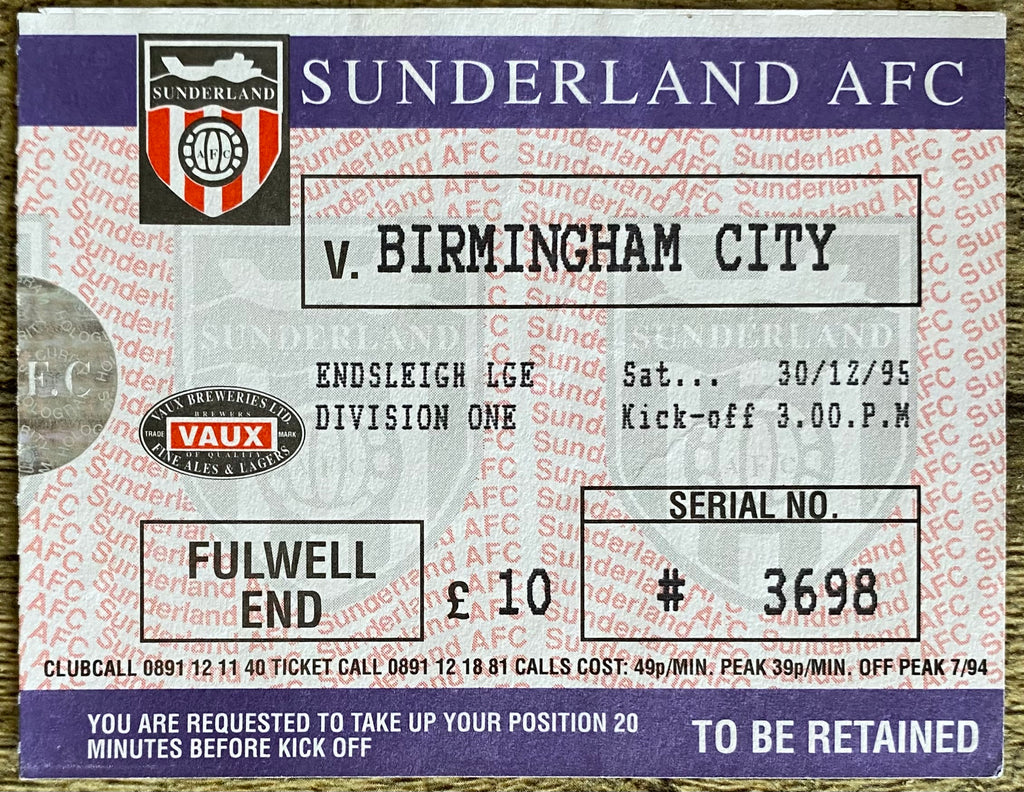 1995/96 ORIGINAL DIVISION ONE TICKET SUNDERLAND v BIRMINGHAM CITY