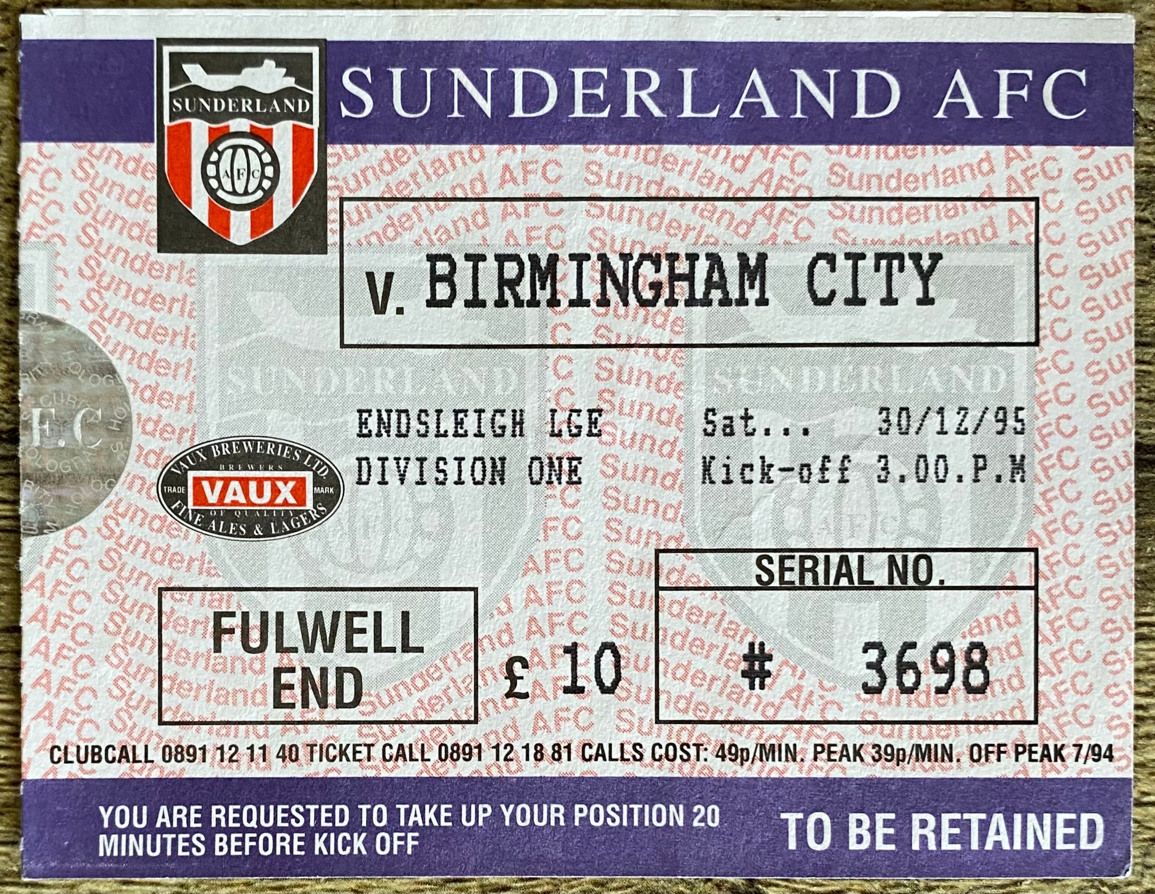 1995/96 ORIGINAL DIVISION ONE TICKET SUNDERLAND v BIRMINGHAM CITY