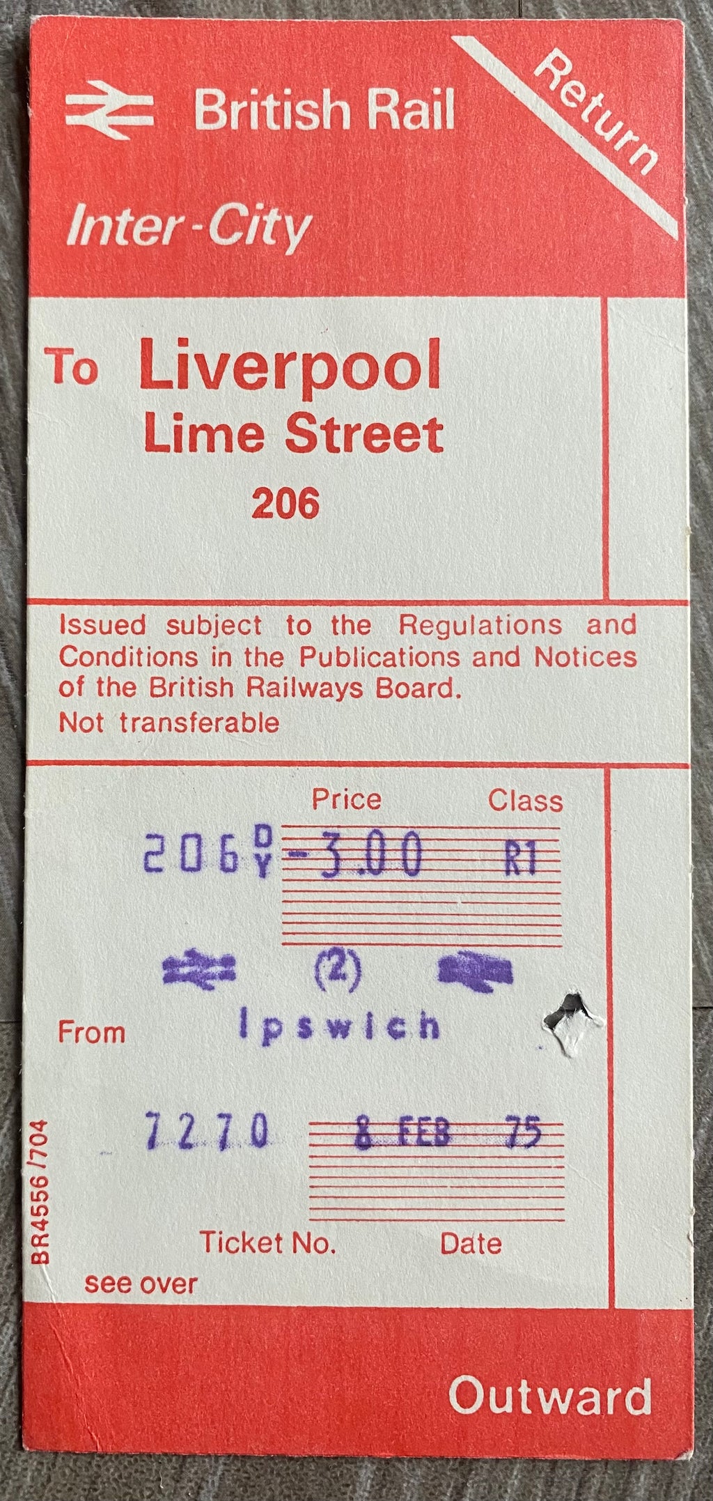 1974/75 ORIGINAL DIVISION ONE PROGRAMME, MATCH AND TRAIN TICKET LIVERPOOL V IPSWICH TOWN