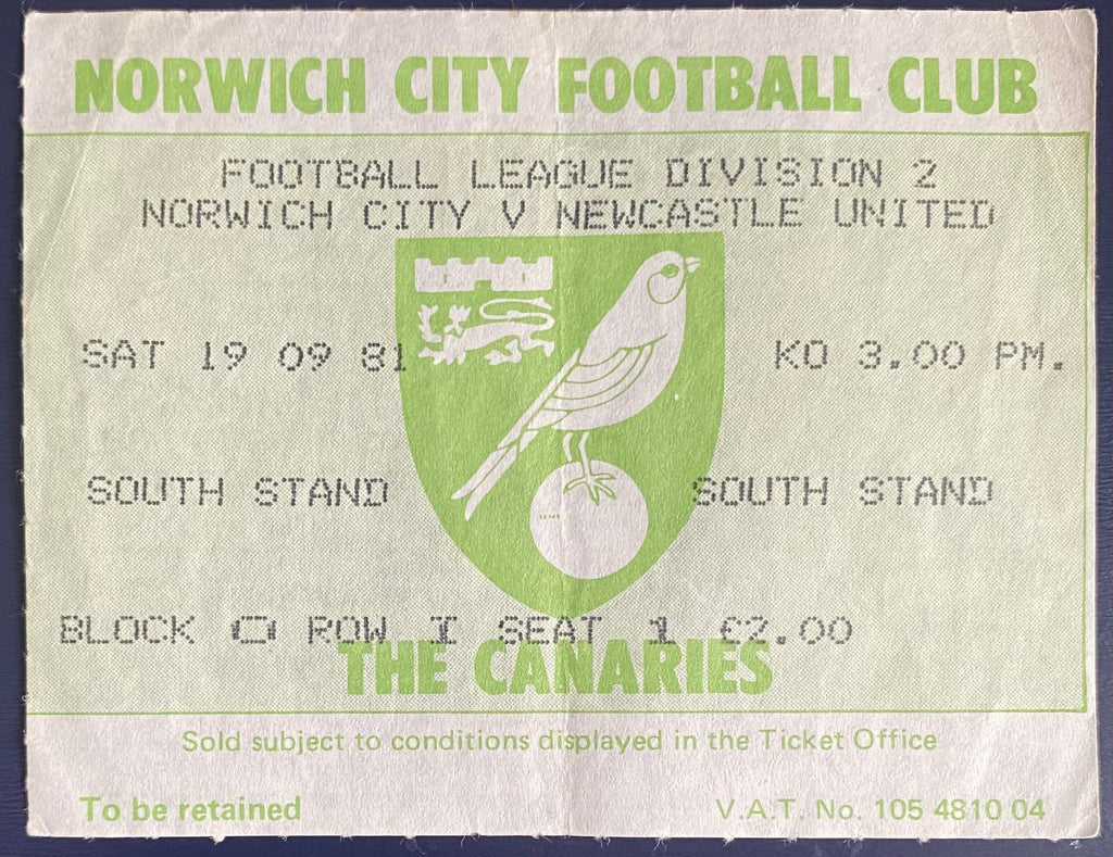 1981/82 ORIGINAL DIVISION 2 TICKET NORWICH CITY V NEWCASTLE UNITED