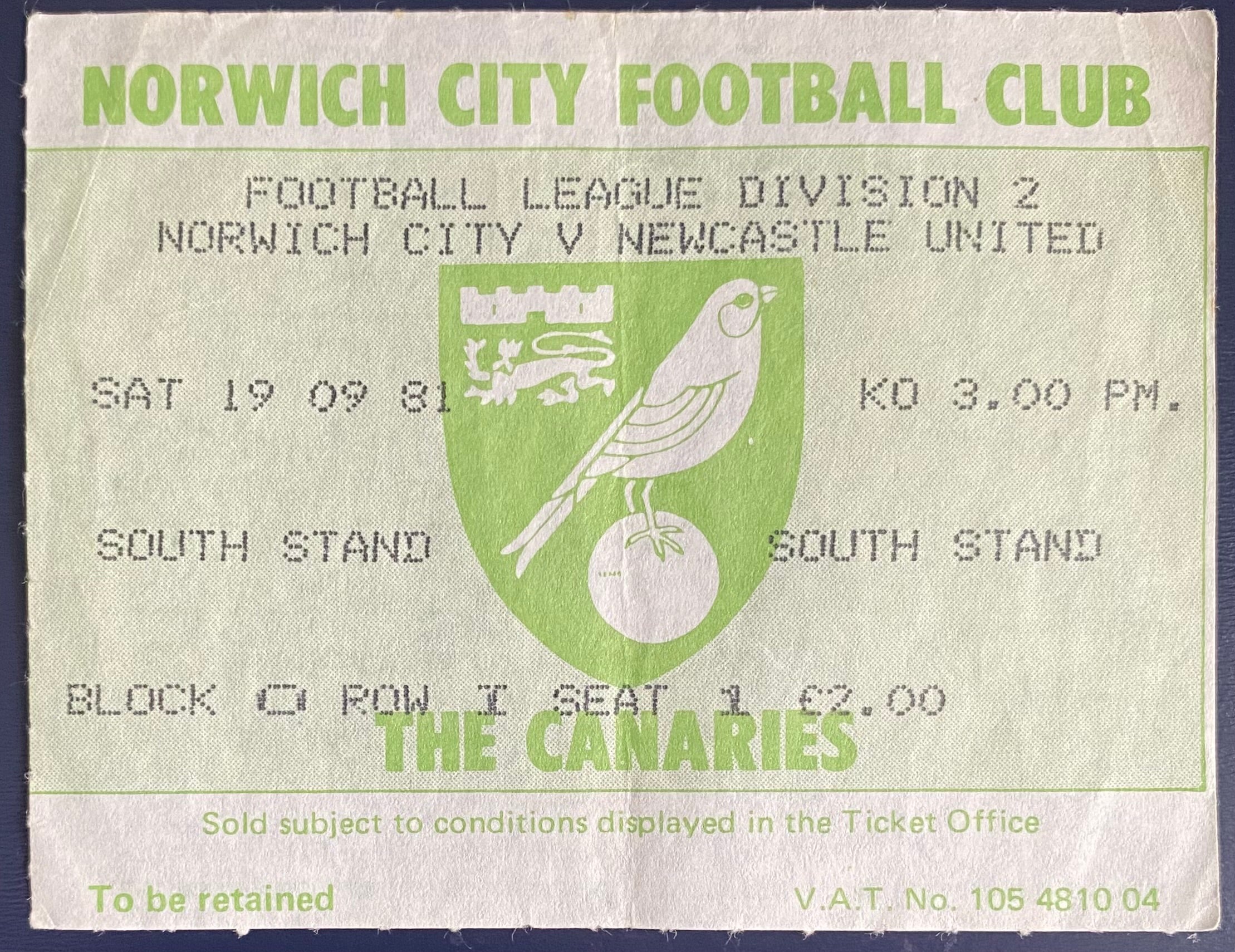 1981/82 ORIGINAL DIVISION 2 TICKET NORWICH CITY V NEWCASTLE UNITED